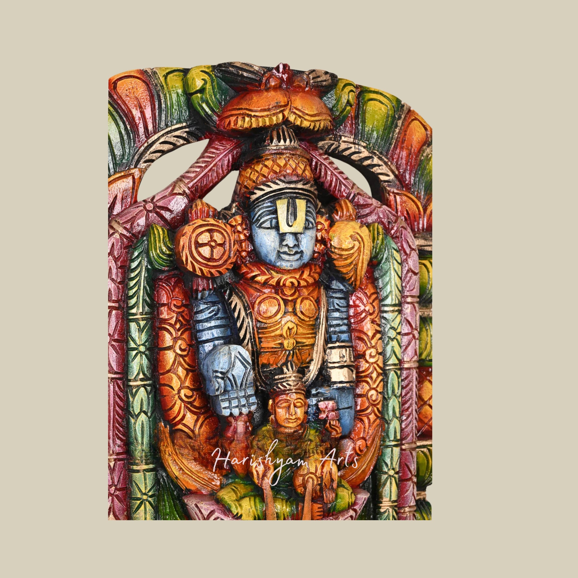 20" Venkatajalapathy Wooden Sculpture with Shri MahaLakshmi in Colored Finish3