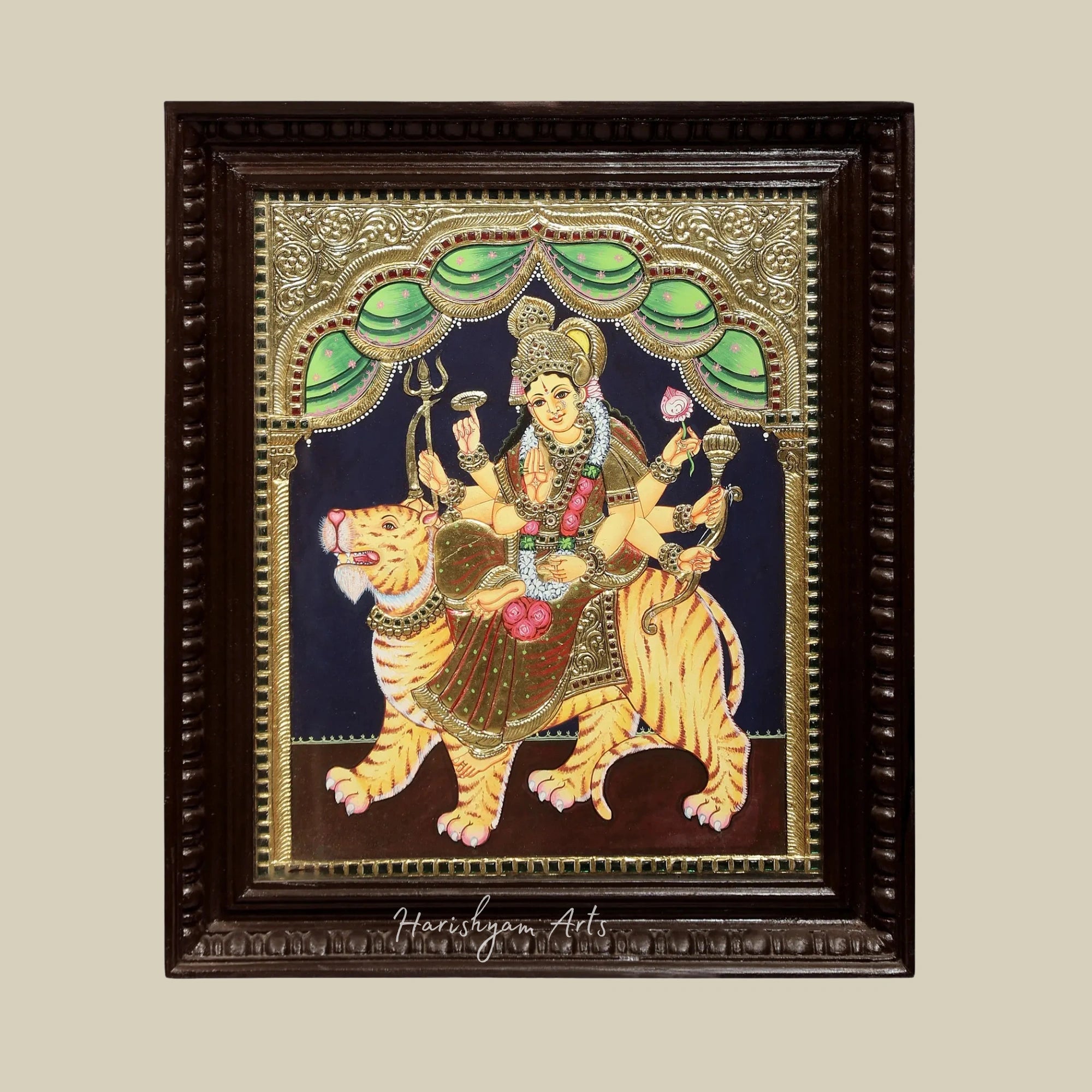 21" Ashtabhuja Durga Tanjore Painting with Vibrant Colors and Teakwood Frame