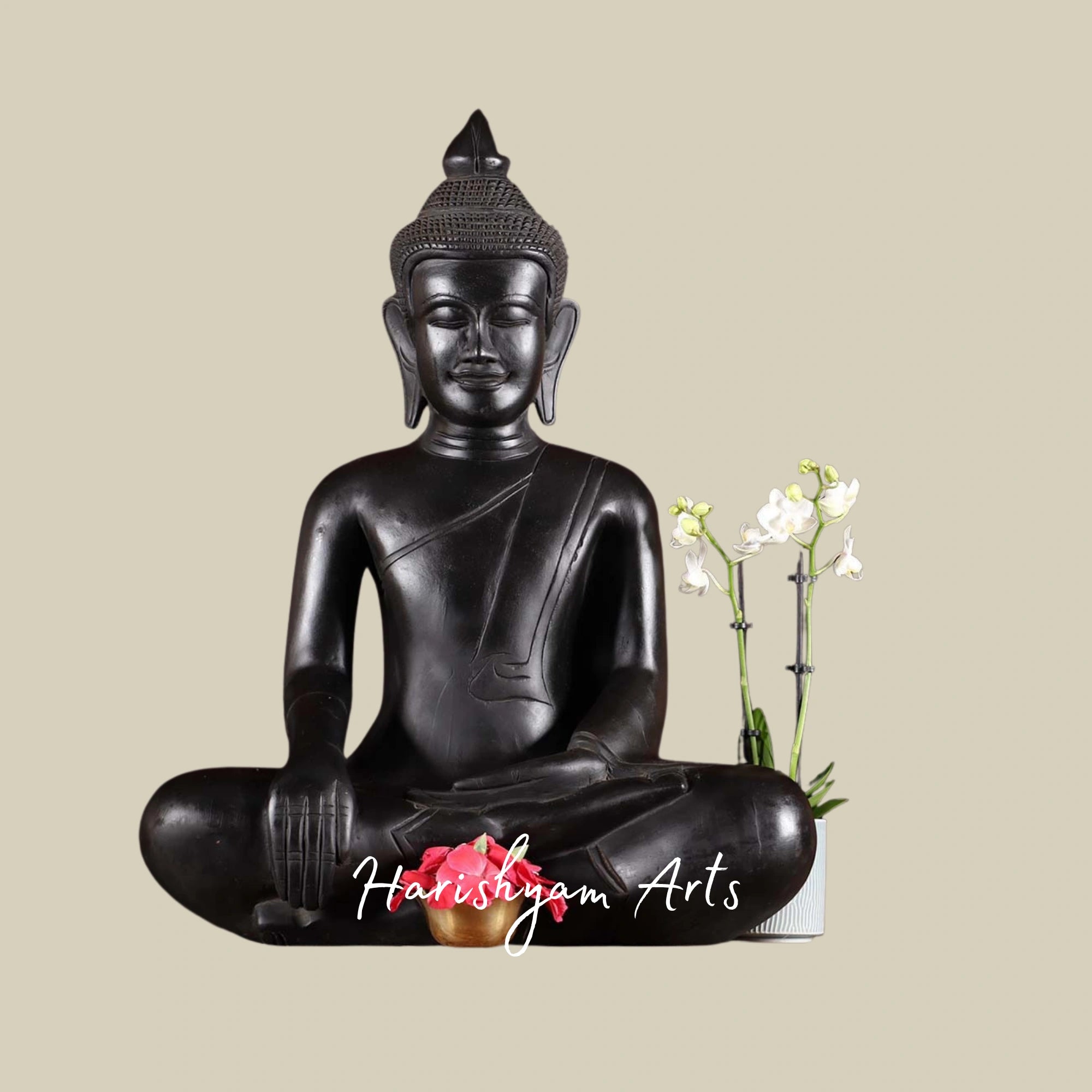 21" Black Cambodian Buddha Statue in Bhumisparsha Mudra for Earth Energy Connection