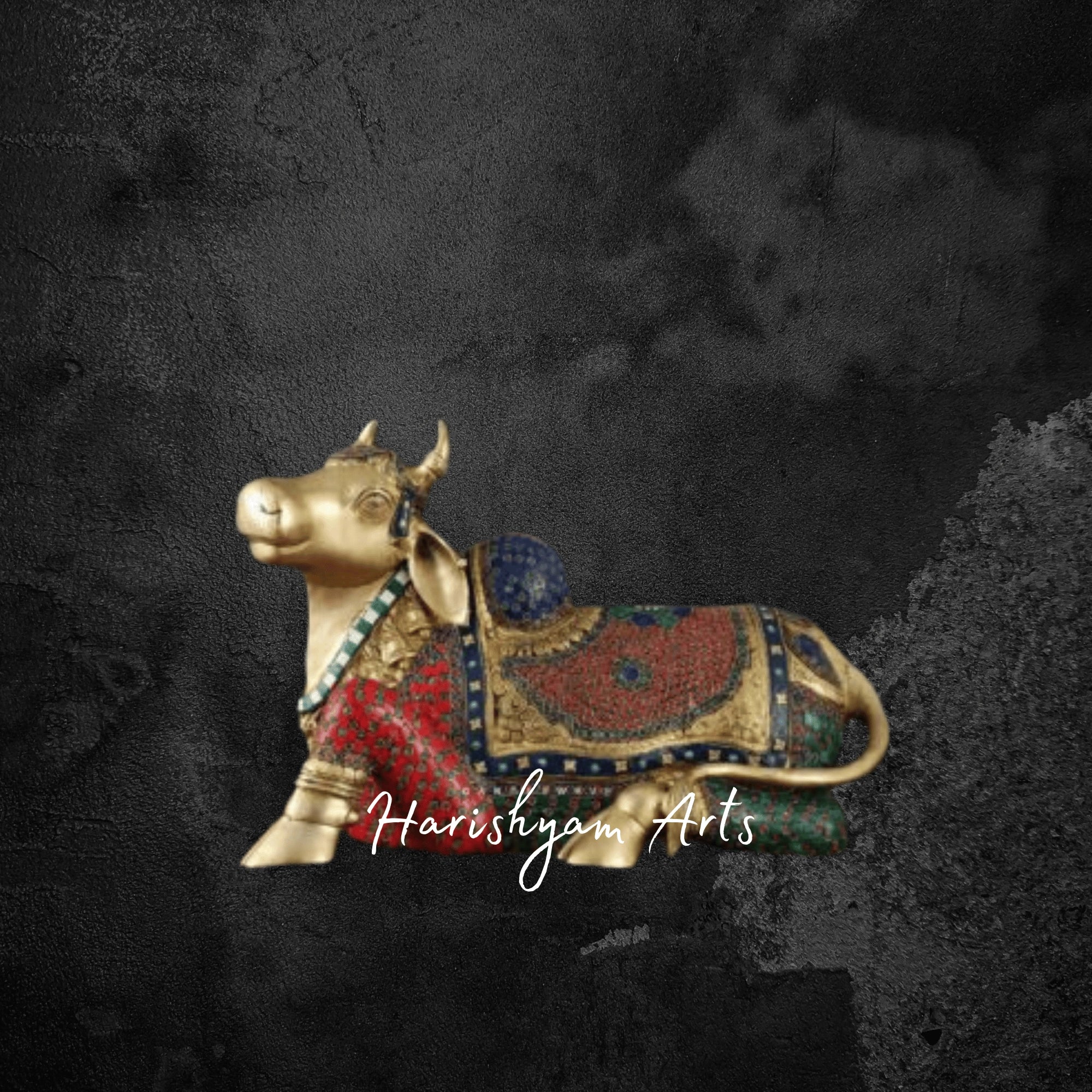 21" Brass Nandi Bull Idol with Stone Inlay Work for Mandir Setup