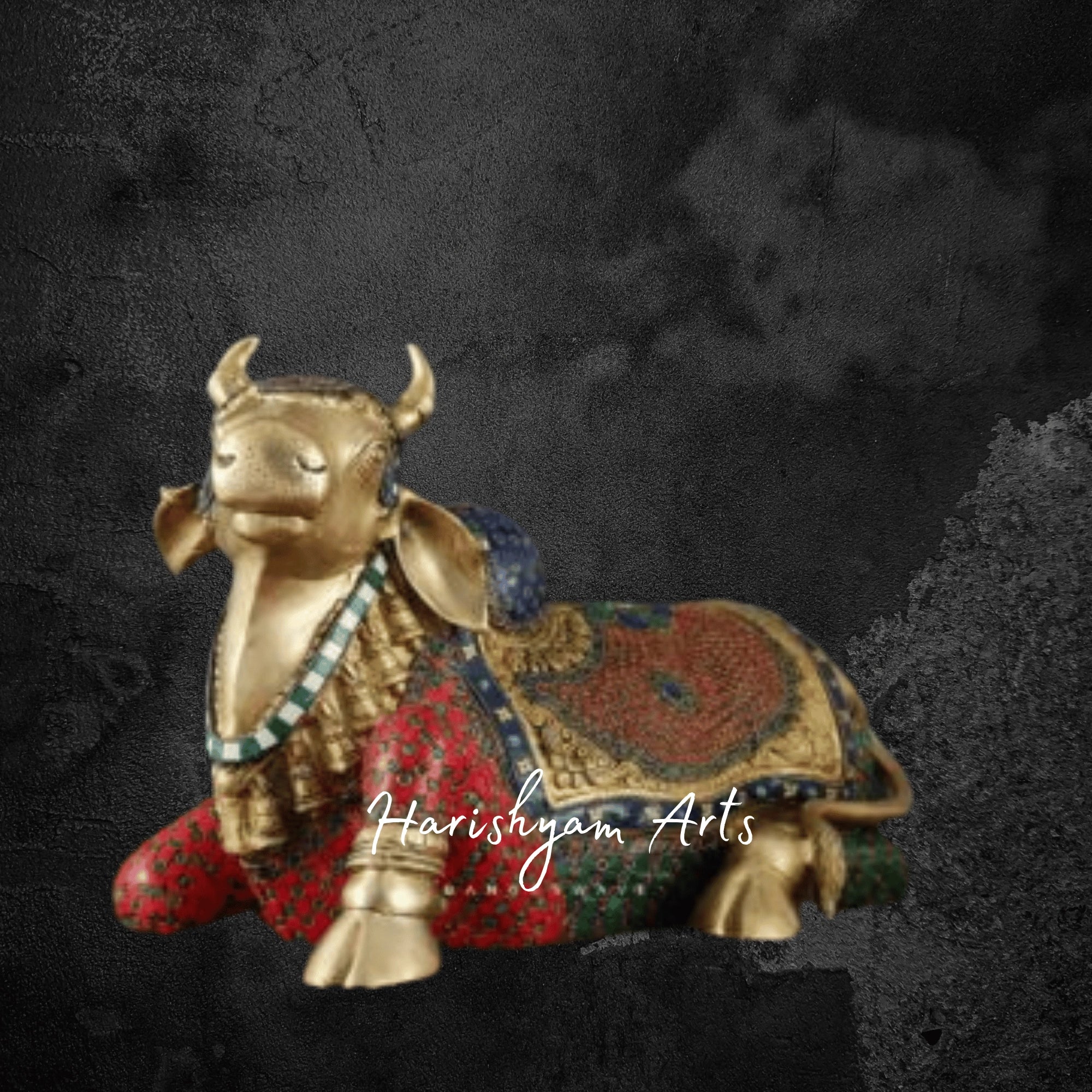 21" Brass Nandi Bull Idol with Stone Inlay Work for Mandir Setup