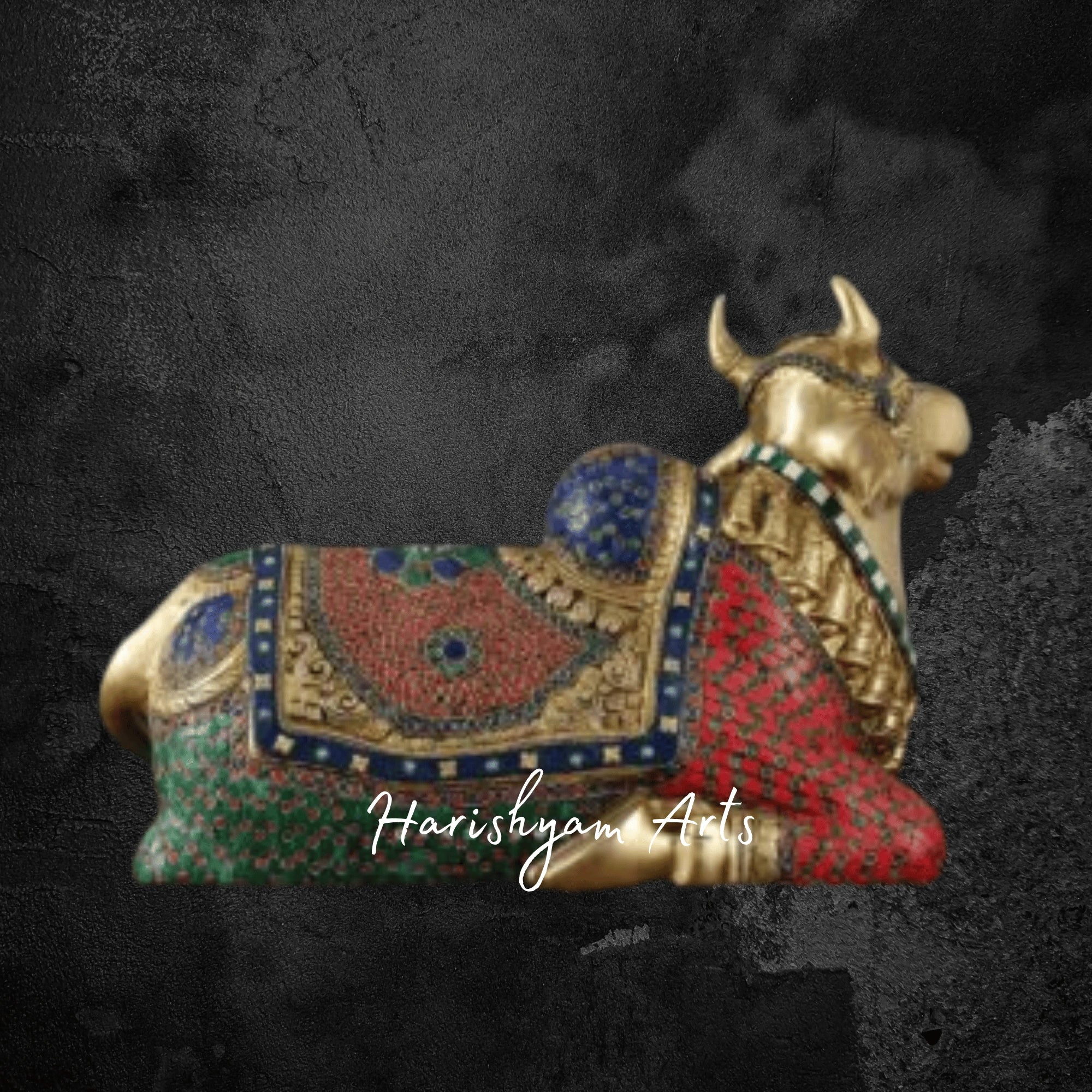 21" Brass Nandi Bull Idol with Stone Inlay Work for Mandir Setup