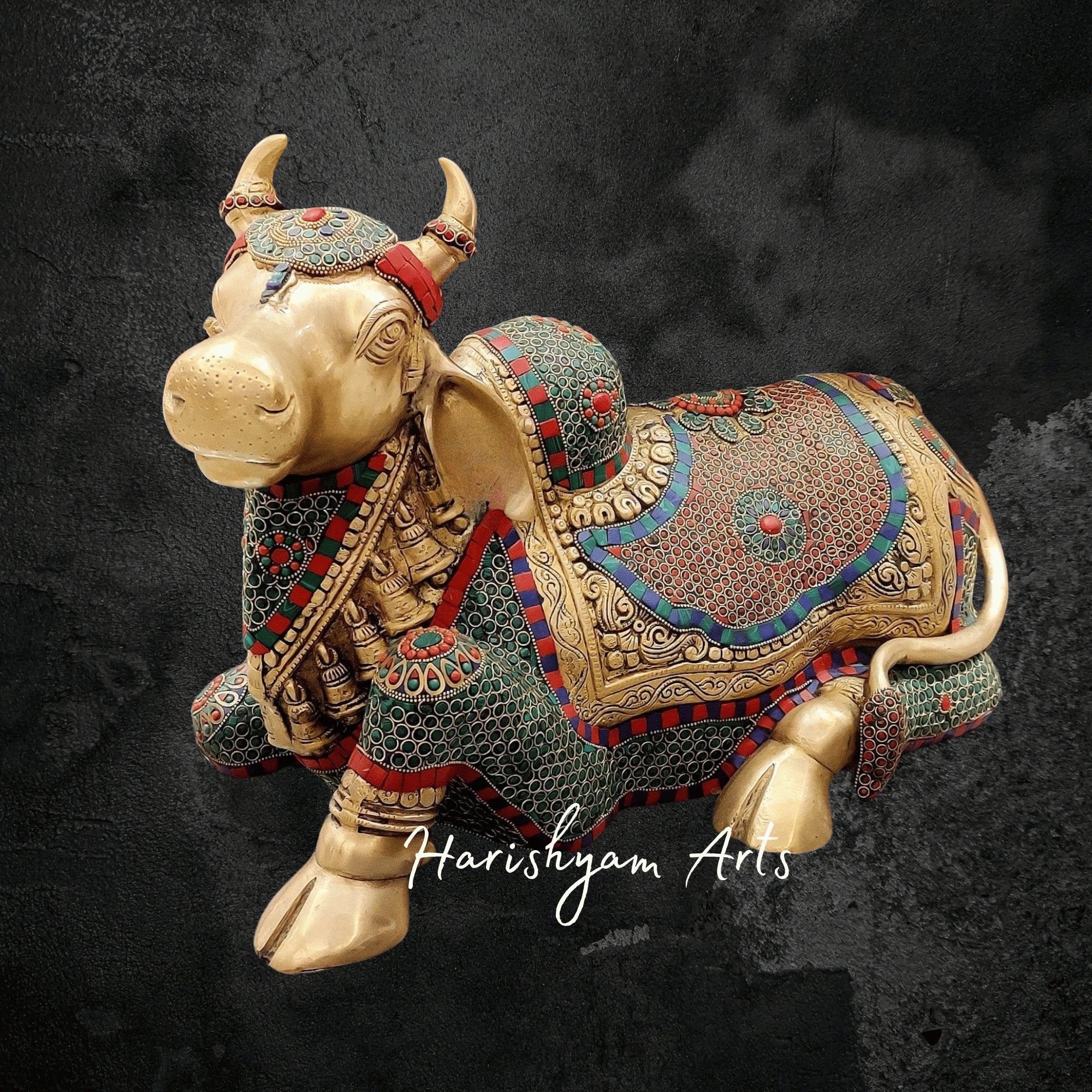 21" Brass Nandi Bull Idol with Stone Inlay Work for Mandir Setup