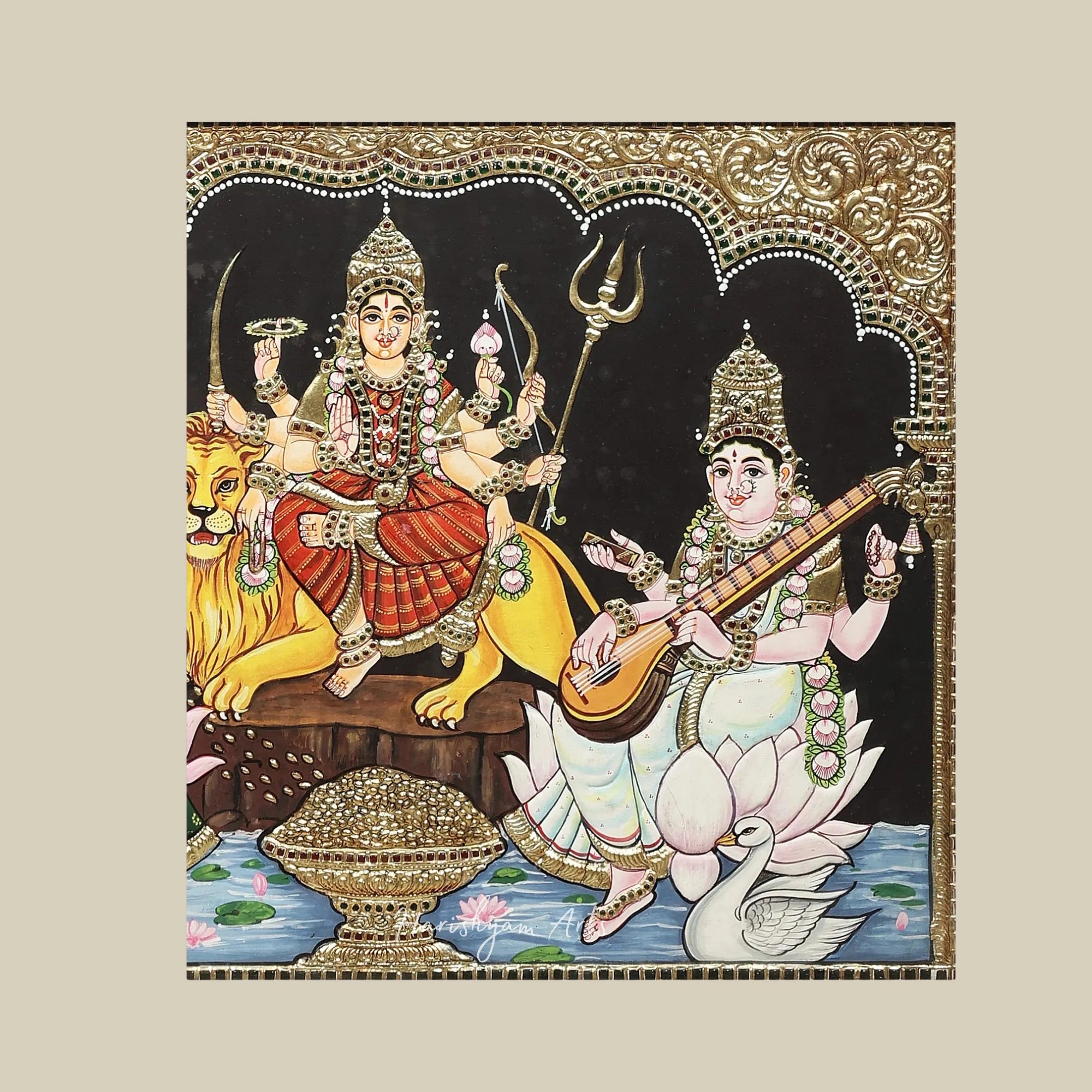 21" Durga Lakshmi Saraswati Tanjore Painting for Home and Temple Decor