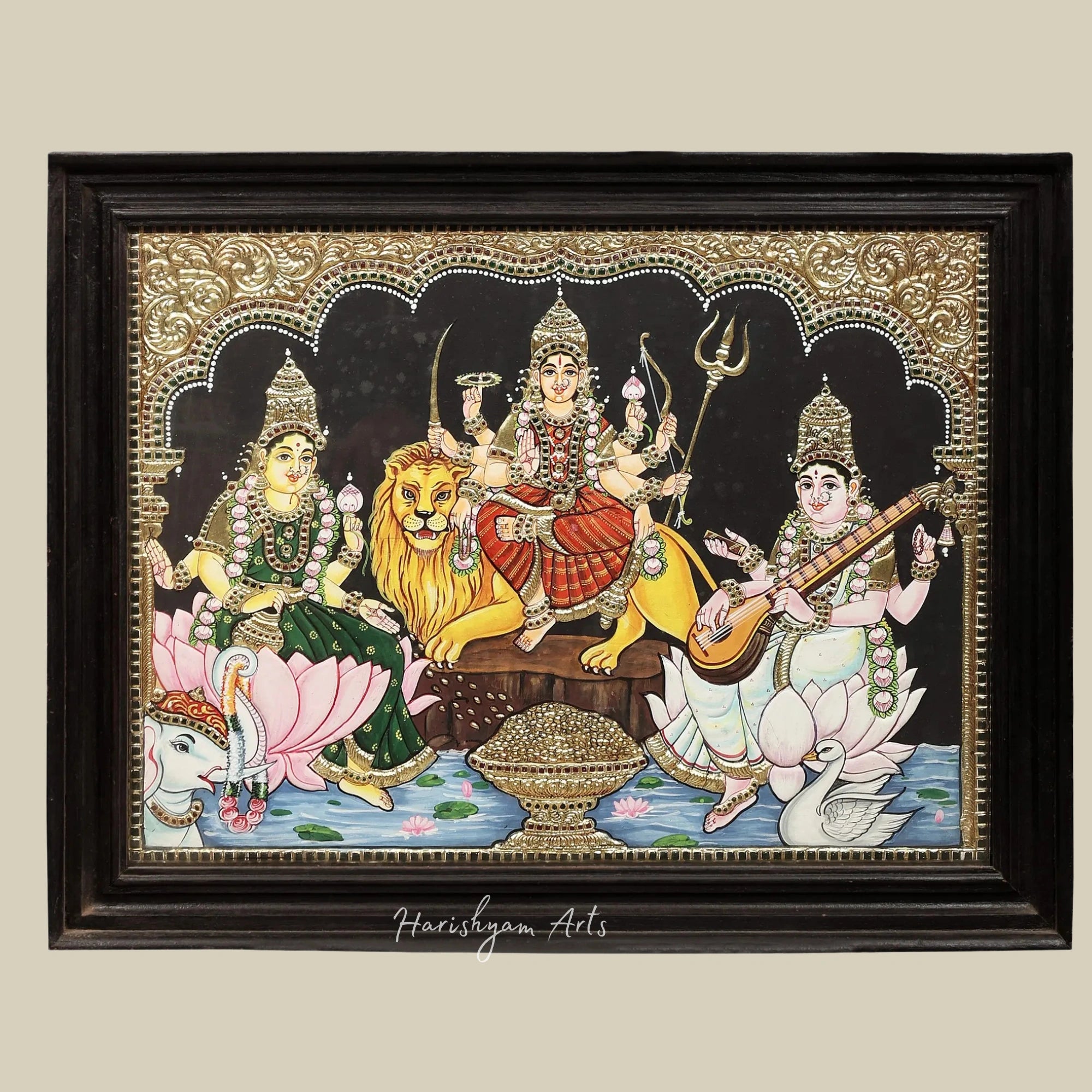 21" Durga Lakshmi Saraswati Tanjore Painting for Home and Temple Decor