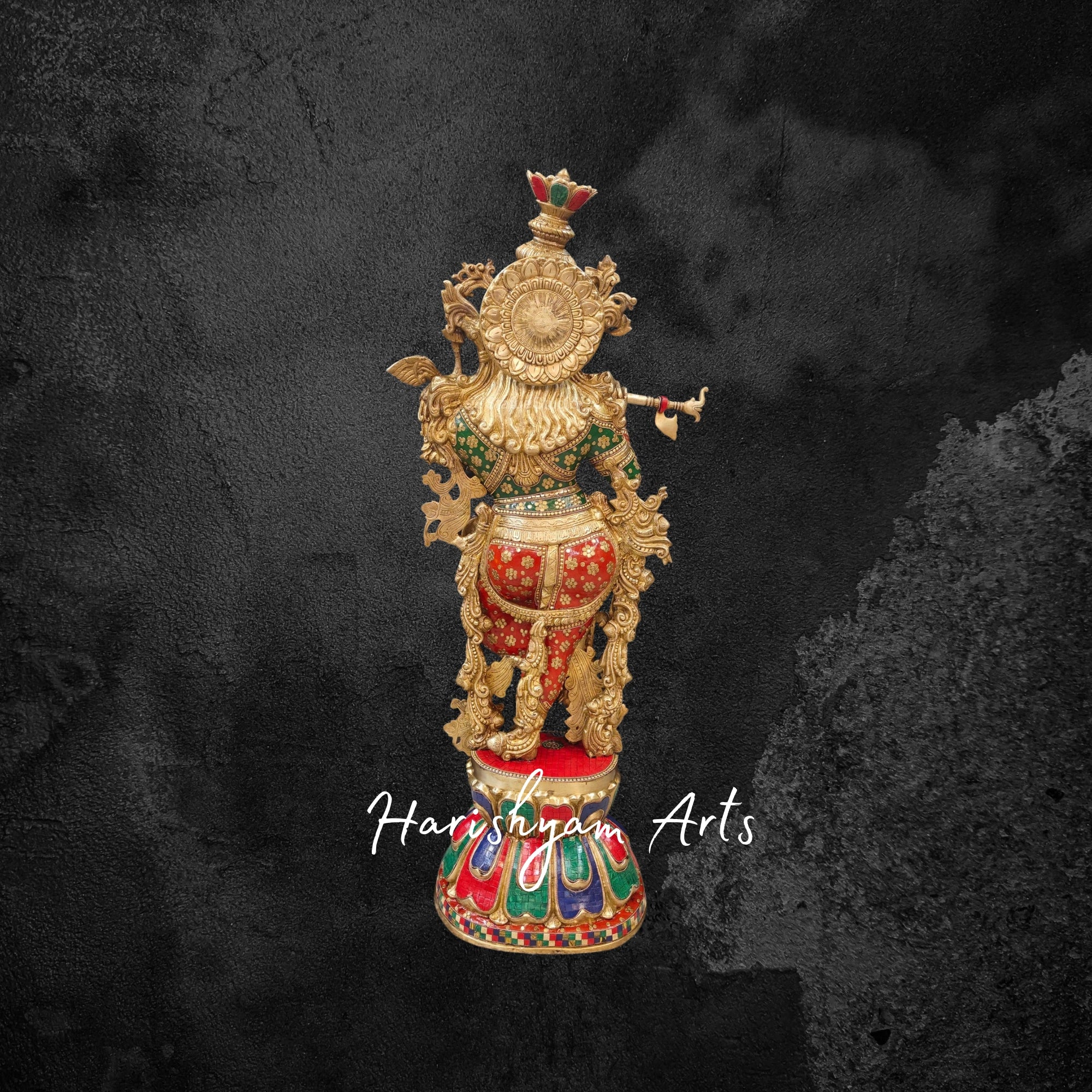 21" Elegant Brass Krishna Statue with Cow and Flute, Gold Finish with Gemstone Detailing