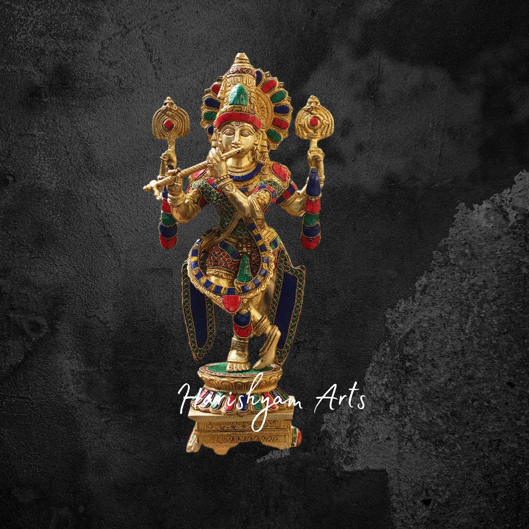 21" Elegant Brass Krishna Statue with Cow and Flute, Gold Finish with Gemstone Detailing