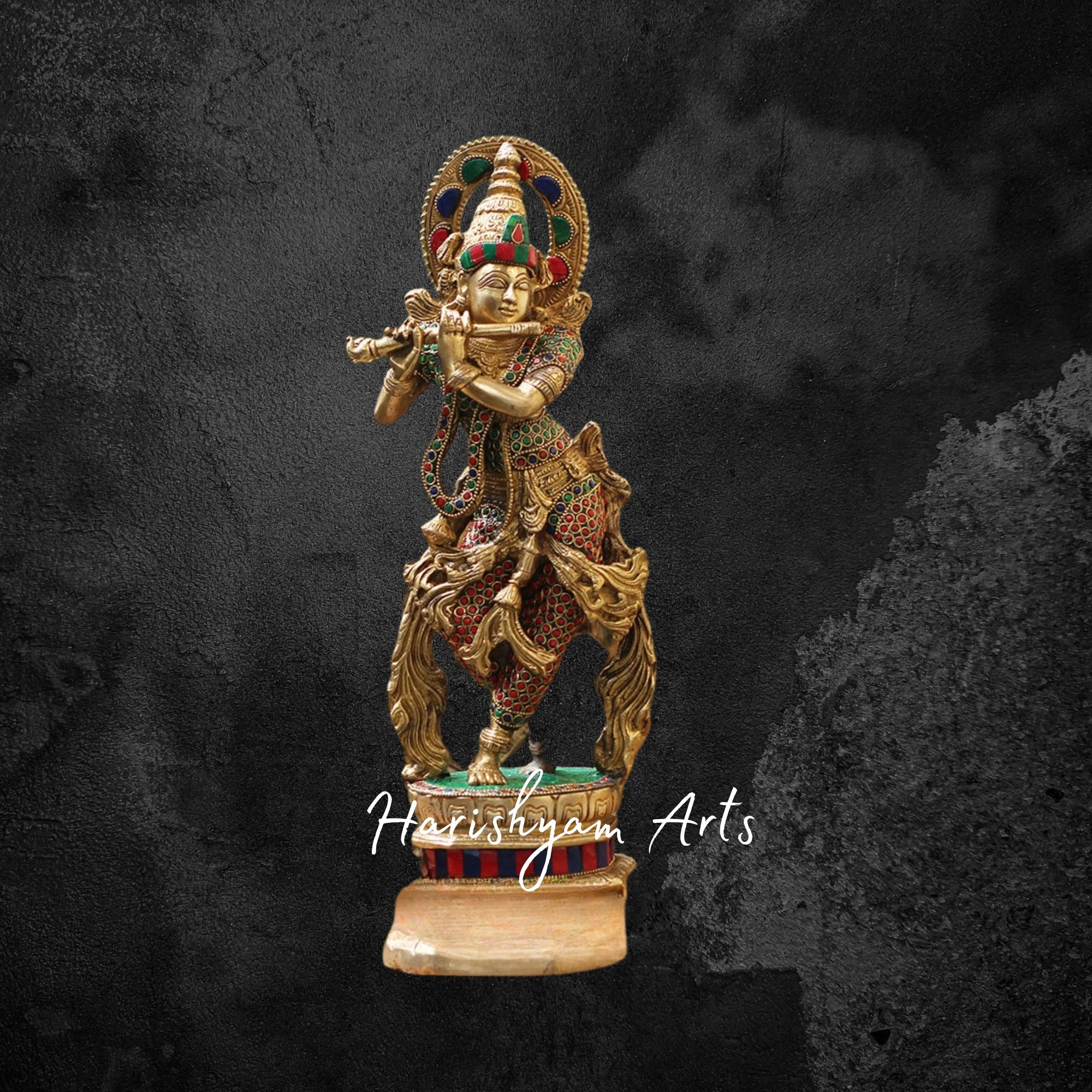 21" Elegant Brass Krishna Statue with Cow and Flute, Gold Finish with Gemstone Detailing