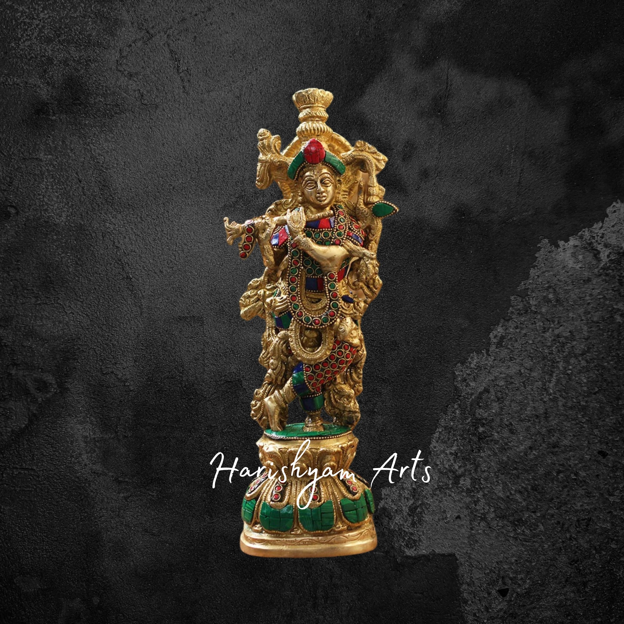 21" Elegant Brass Krishna Statue with Cow and Flute, Gold Finish with Gemstone Detailing