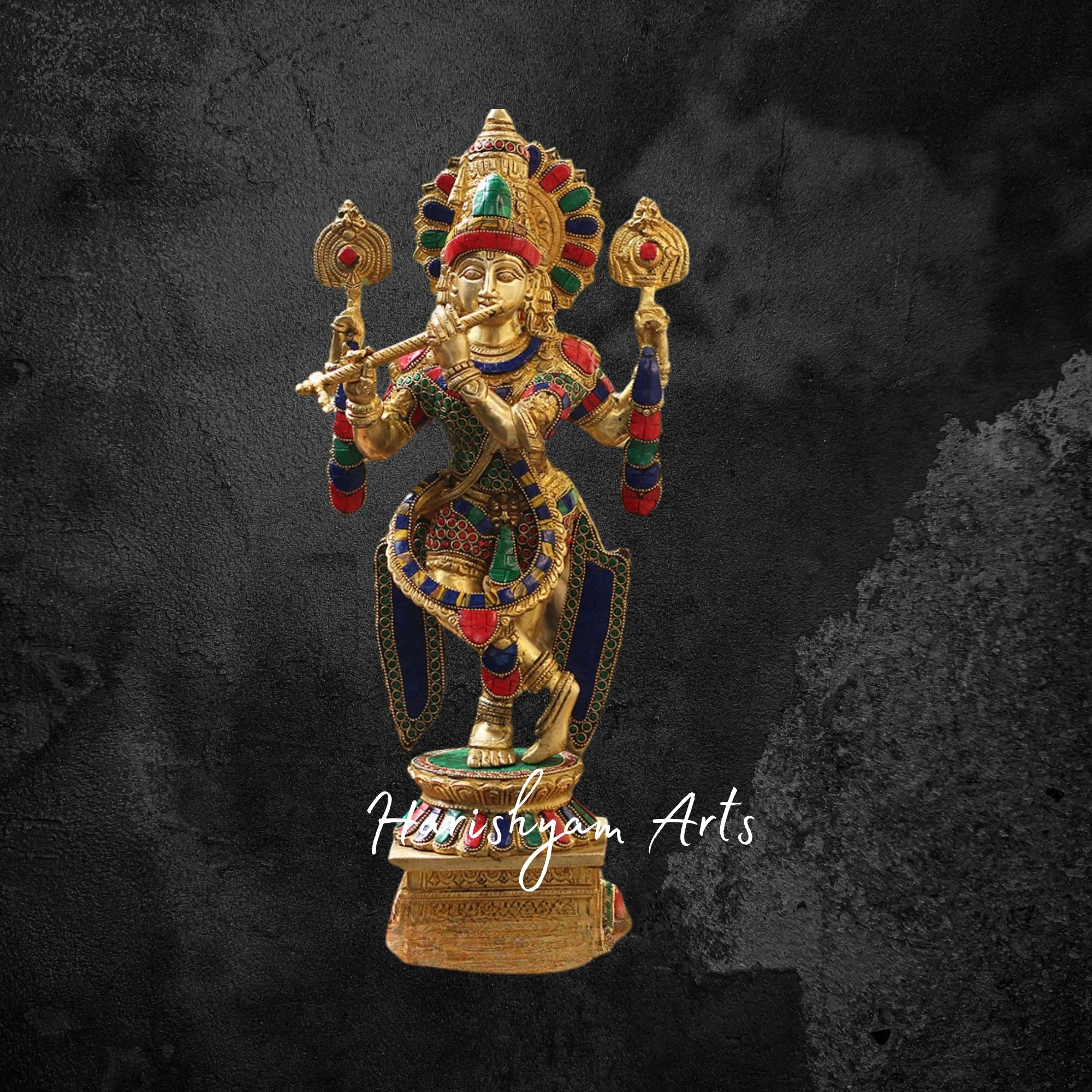 21" Elegant Brass Krishna Statue with Cow and Flute, Gold Finish with Gemstone Detailing