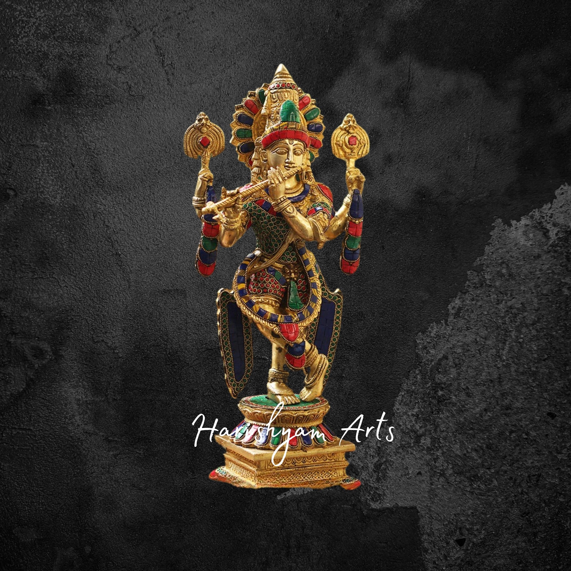 21" Elegant Brass Krishna Statue with Cow and Flute, Gold Finish with Gemstone Detailing