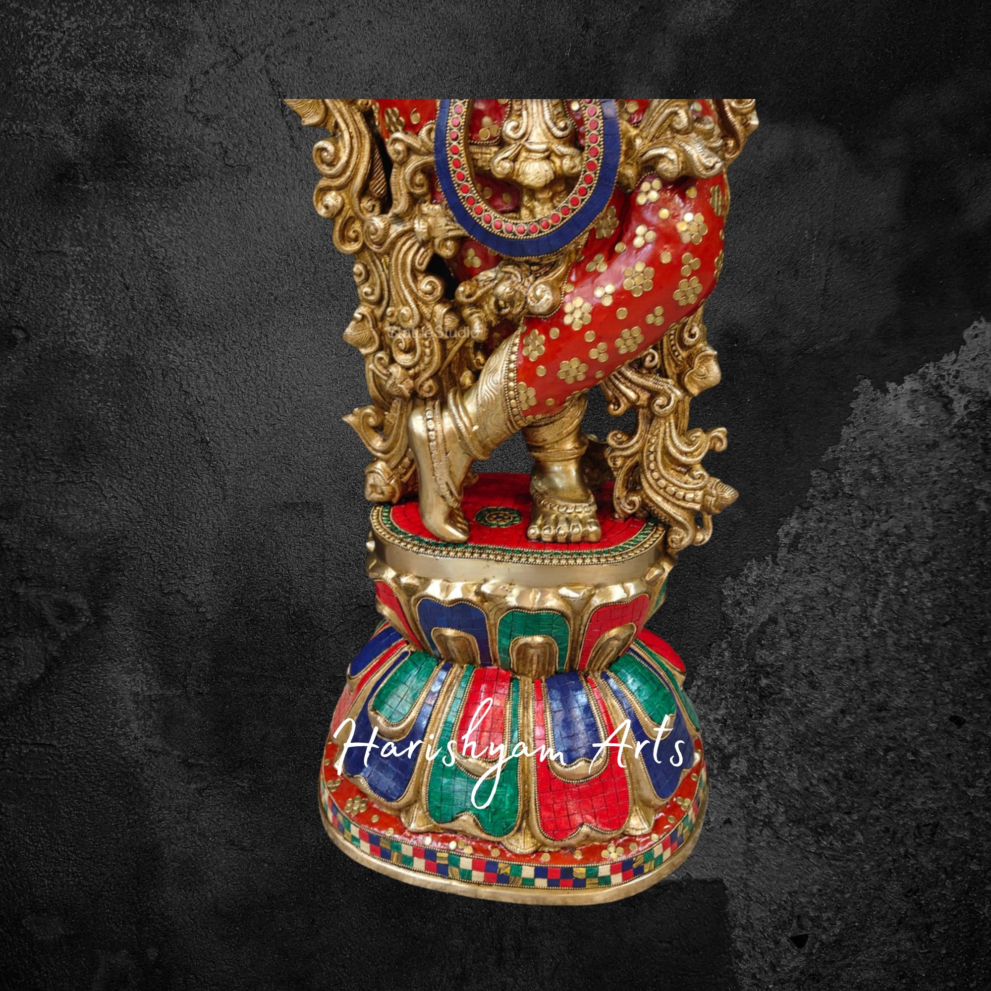 21" Elegant Brass Krishna Statue with Cow and Flute, Gold Finish with Gemstone Detailing
