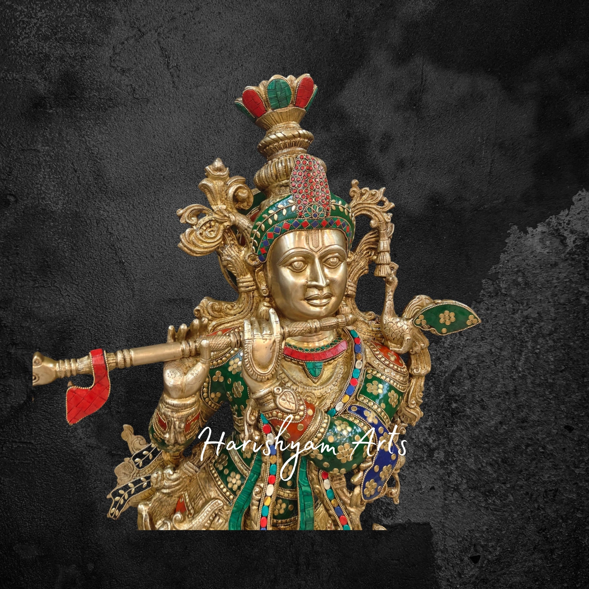 21" Elegant Brass Krishna Statue with Cow and Flute, Gold Finish with Gemstone Detailing