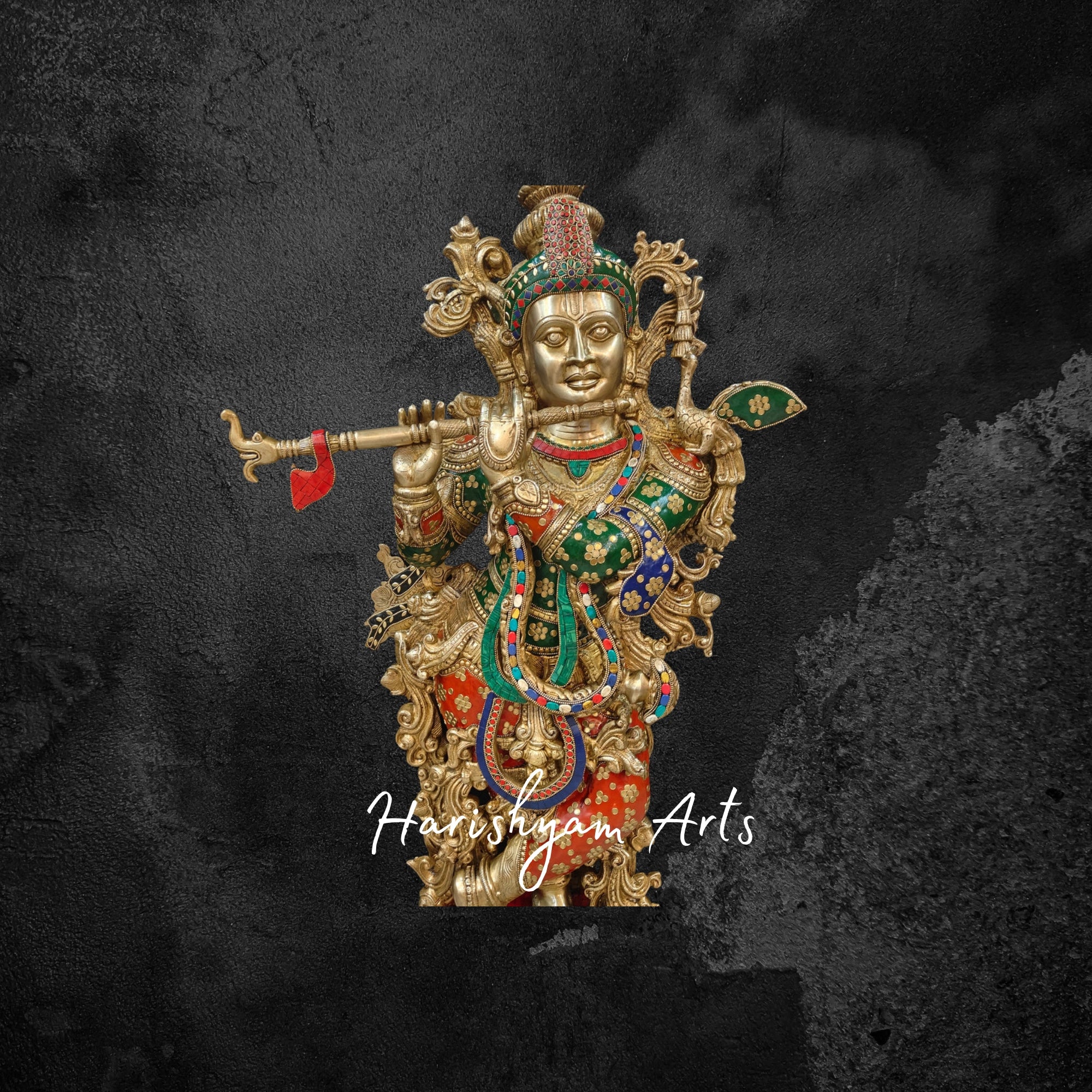 21" Elegant Brass Krishna Statue with Cow and Flute, Gold Finish with Gemstone Detailing