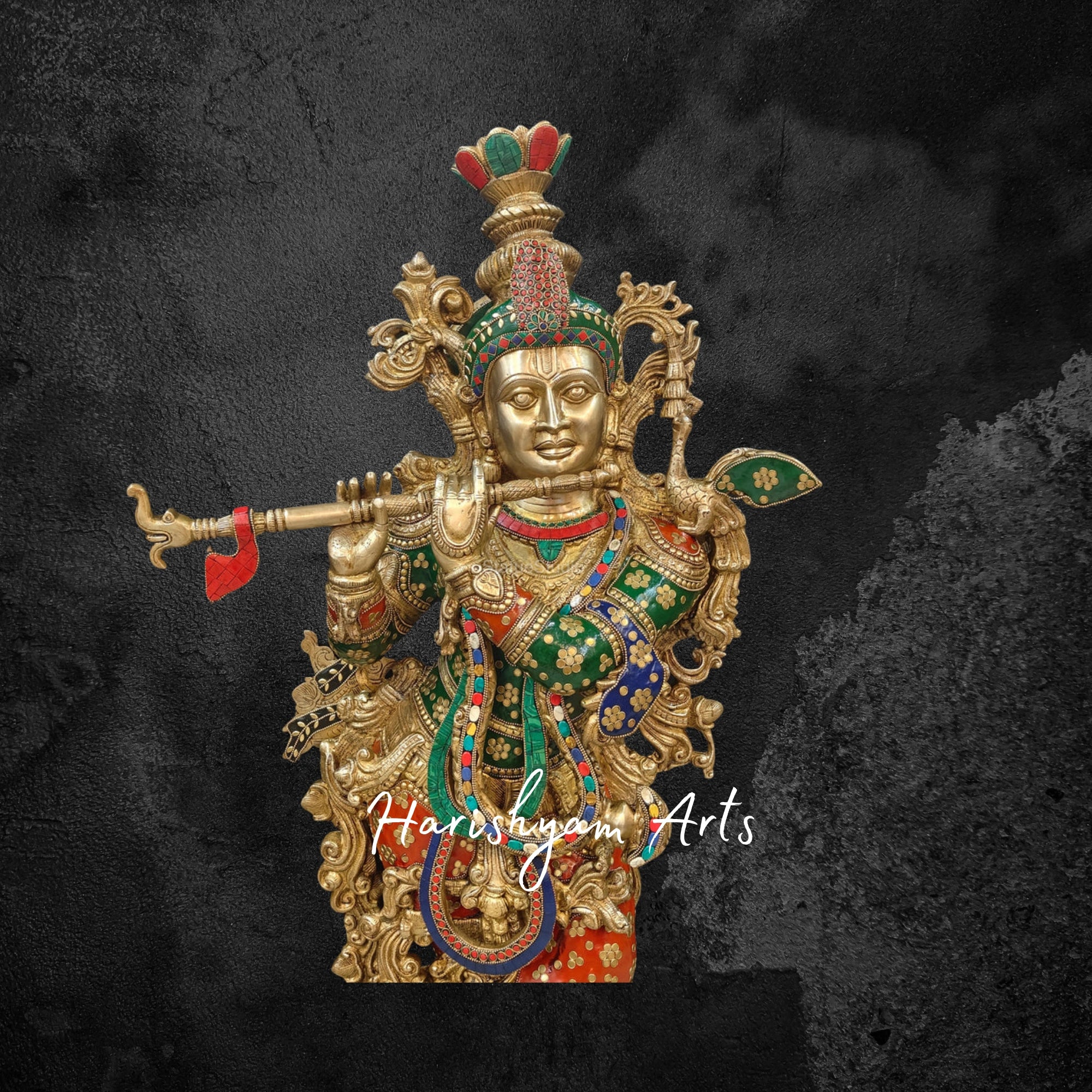 21" Elegant Brass Krishna Statue with Cow and Flute, Gold Finish with Gemstone Detailing