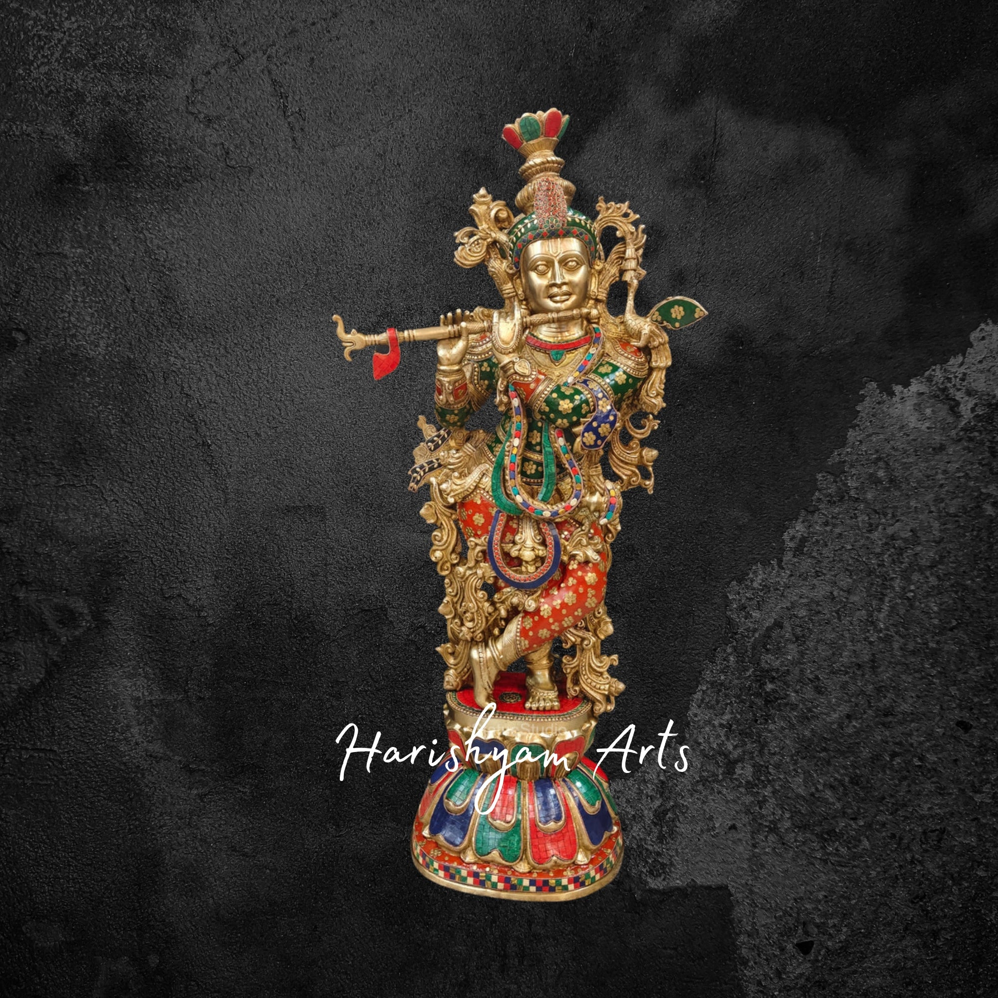 21" Elegant Brass Krishna Statue with Cow and Flute, Gold Finish with Gemstone Detailing