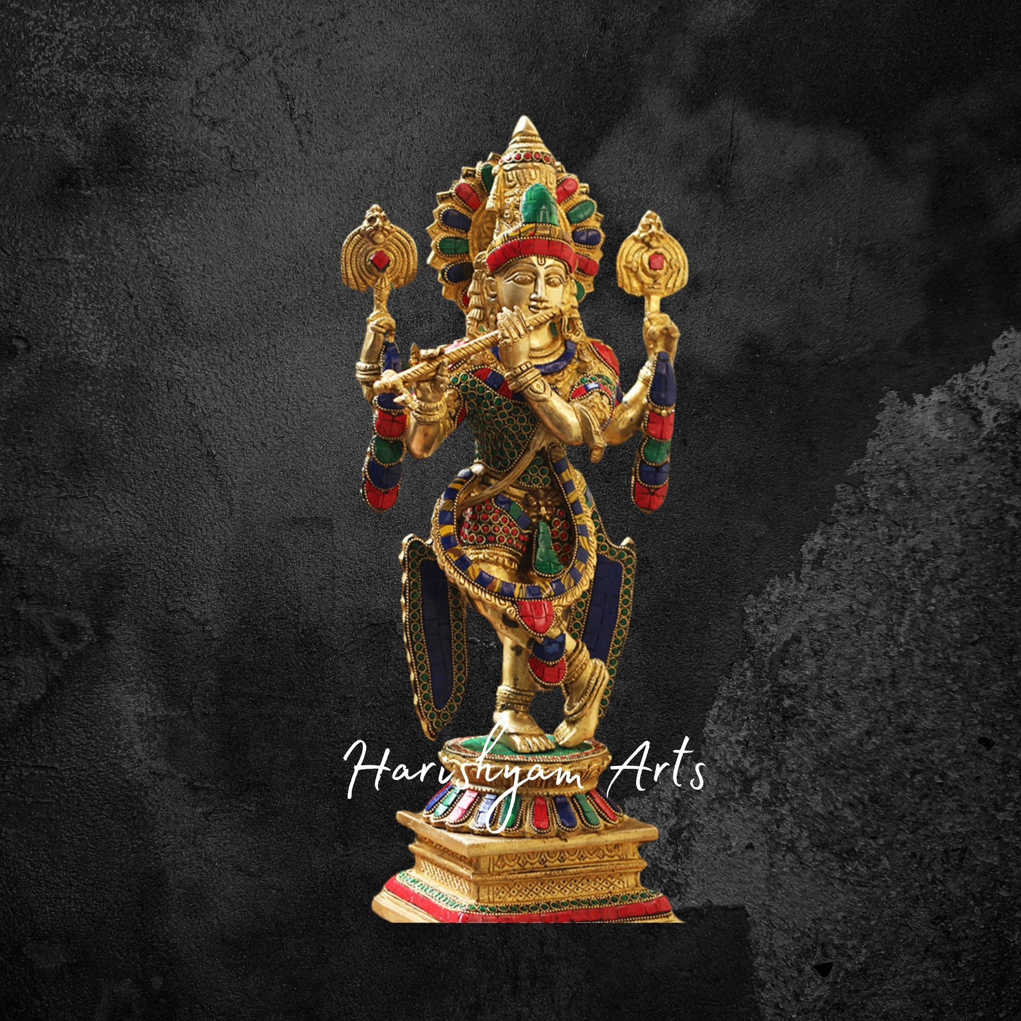 21" Elegant Brass Krishna Statue with Cow and Flute, Gold Finish with Gemstone Detailing