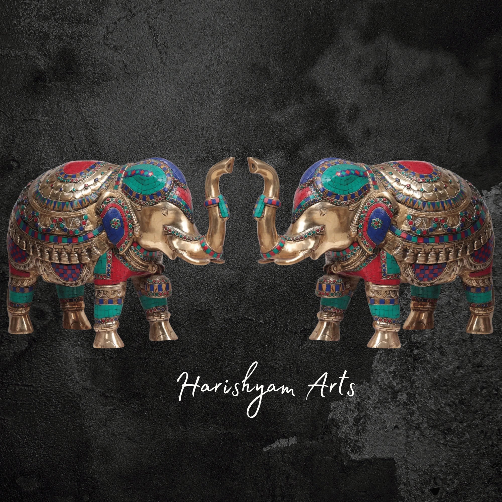 21" Exquisitely Decorated Pair of Brass Elephants for Home Decor