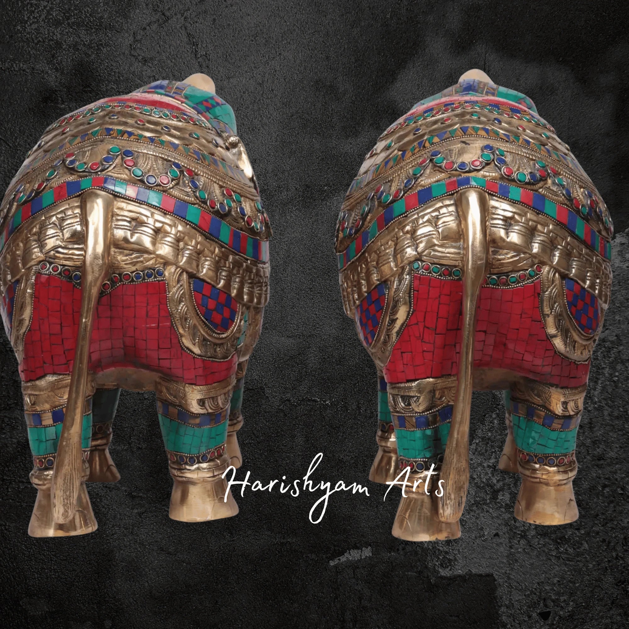 21" Exquisitely Decorated Pair of Brass Elephants for Home Decor
