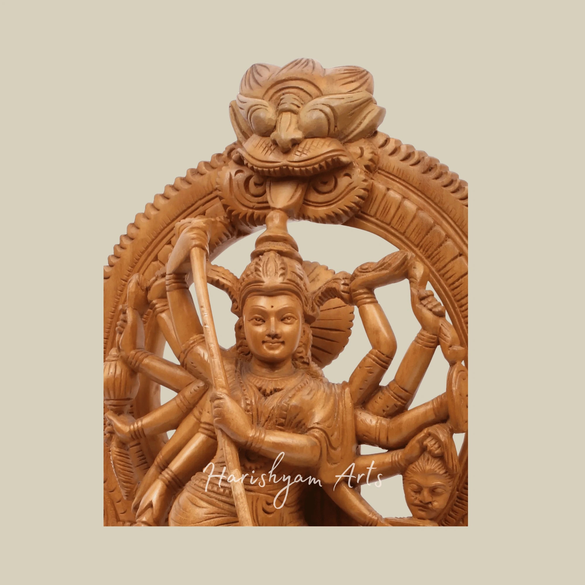 21" Mahishasura-Mardini Goddess Durga Stunning Wooden Carved Durga Statue