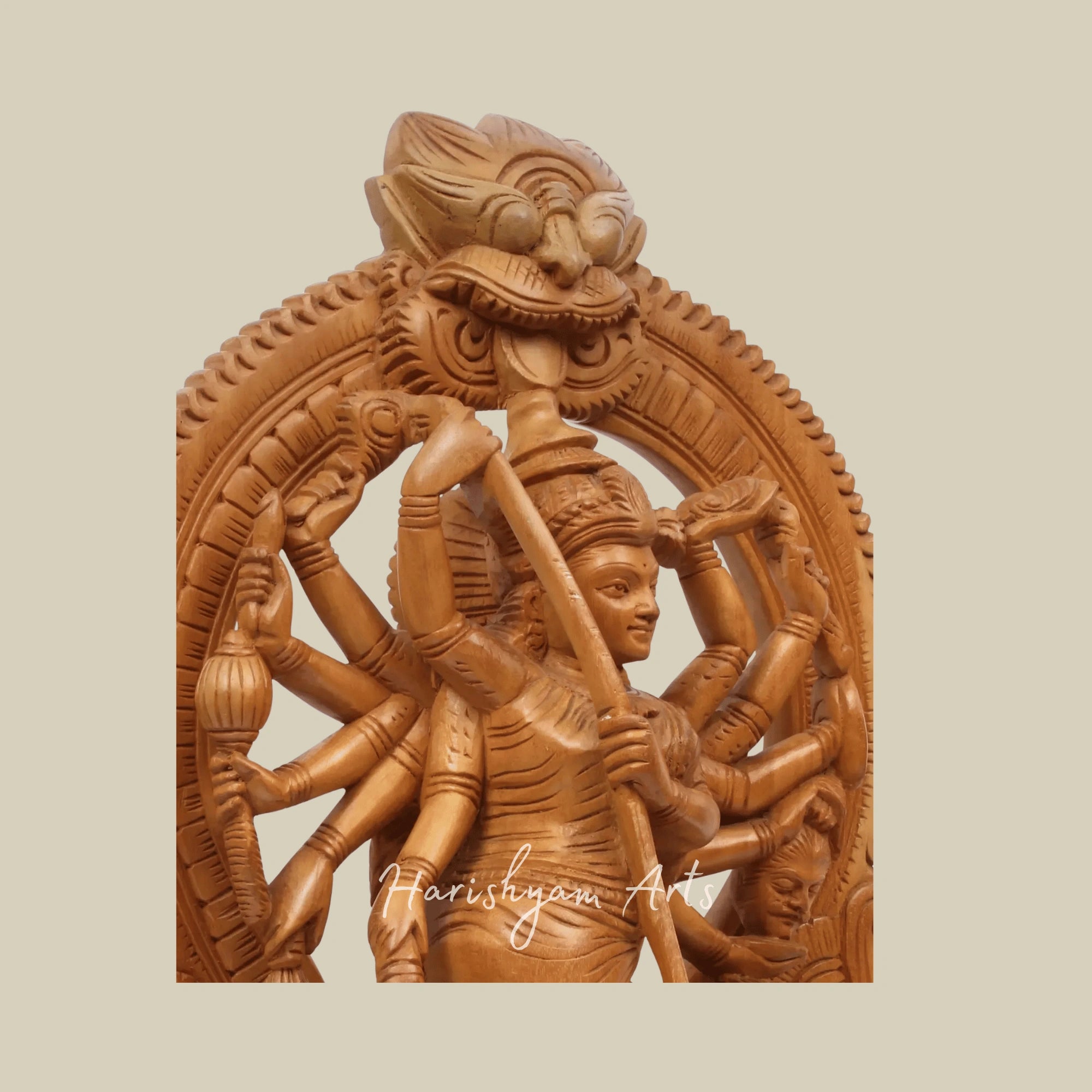 21" Mahishasura-Mardini Goddess Durga Stunning Wooden Carved Durga Statue