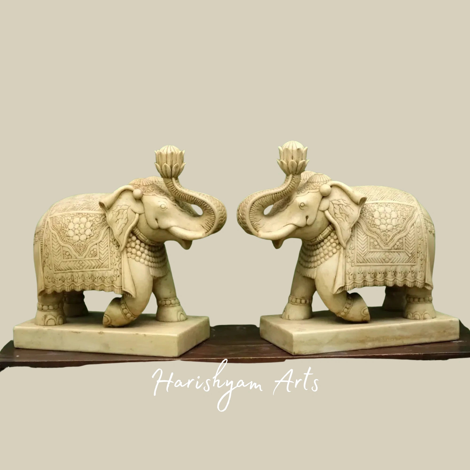 21" Marble Elephant Showpiece Set Handcrafted Decorative Pair