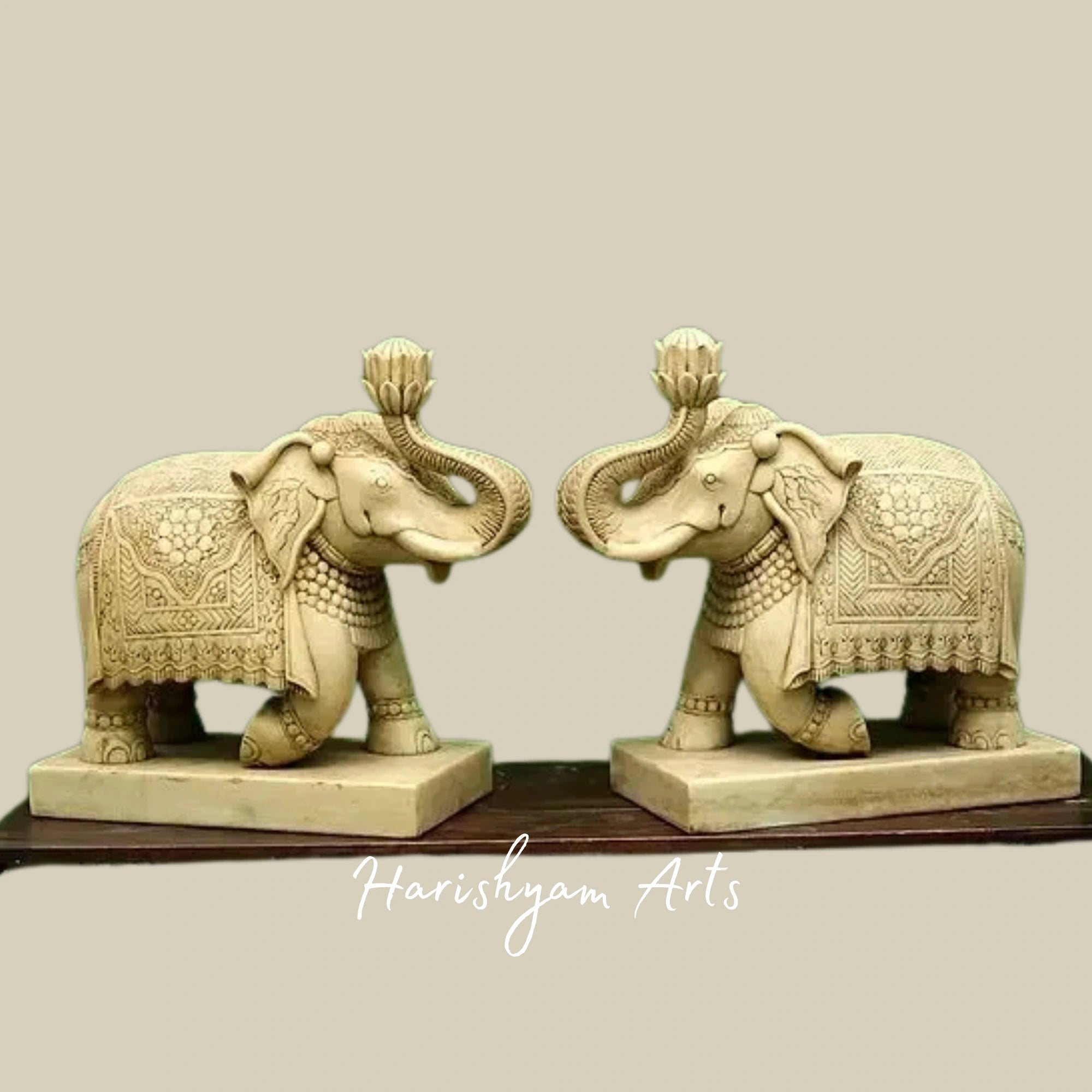 21" Marble Elephant Showpiece Set Handcrafted Decorative Pair