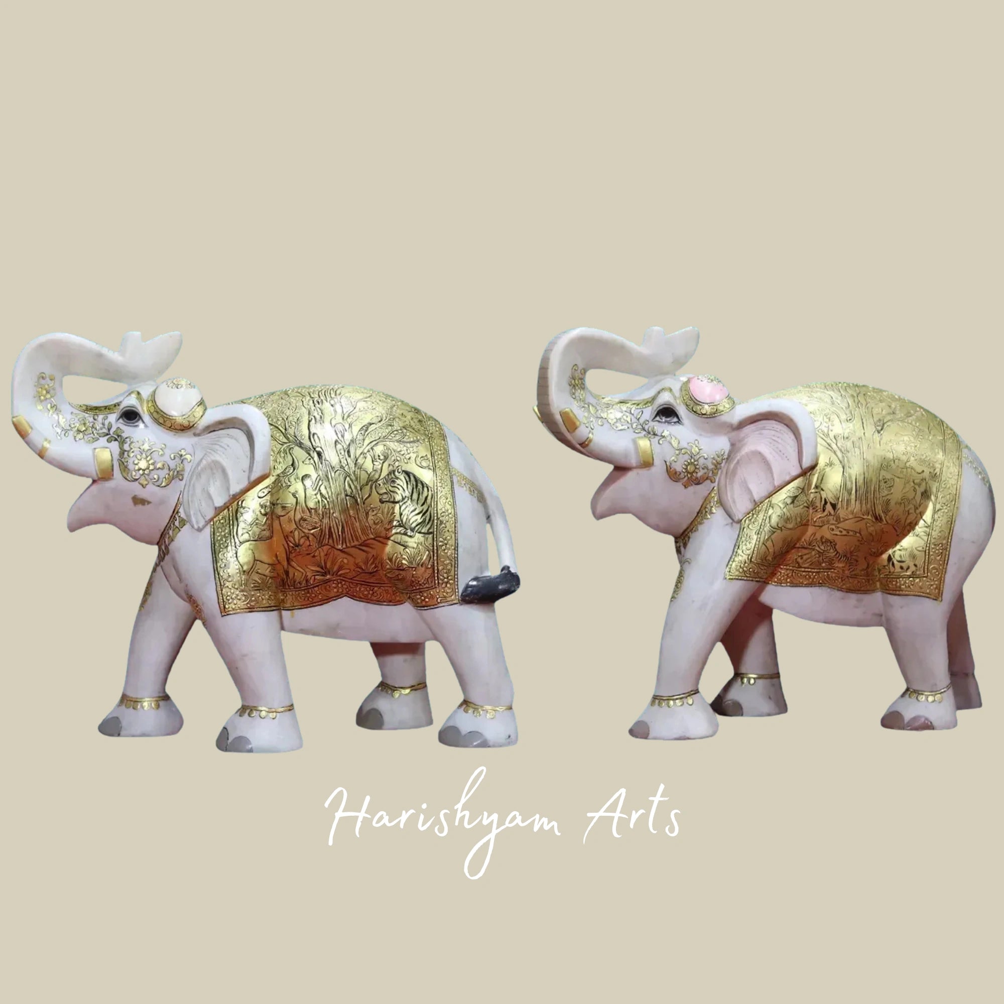 21" Premium White Makrana Marble Elephant Pair Handcrafted Sculptures