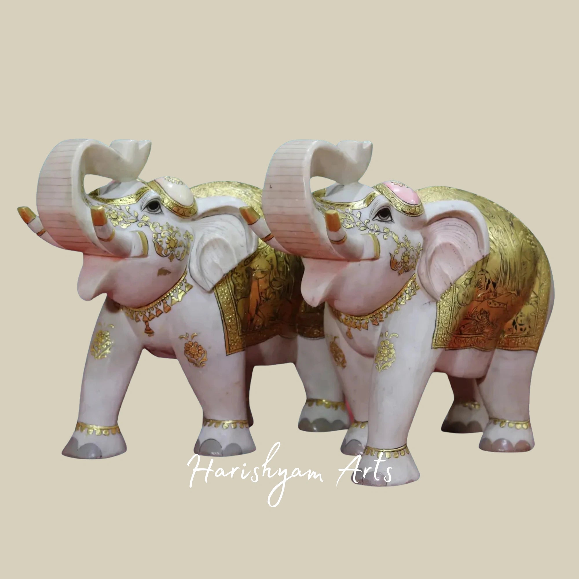 21" Premium White Makrana Marble Elephant Pair Handcrafted Sculptures