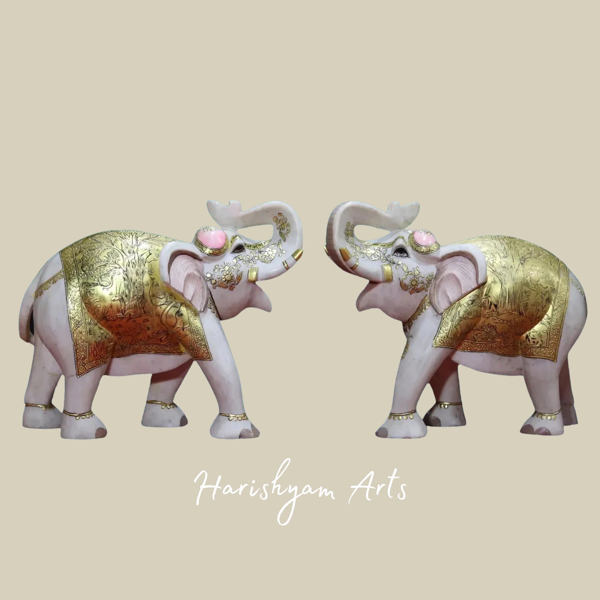 21" Premium White Makrana Marble Elephant Pair Handcrafted Sculptures