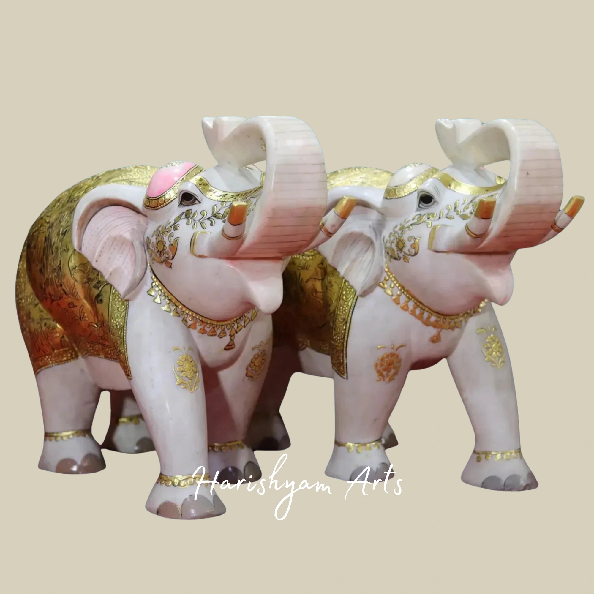 21" Premium White Makrana Marble Elephant Pair Handcrafted Sculptures