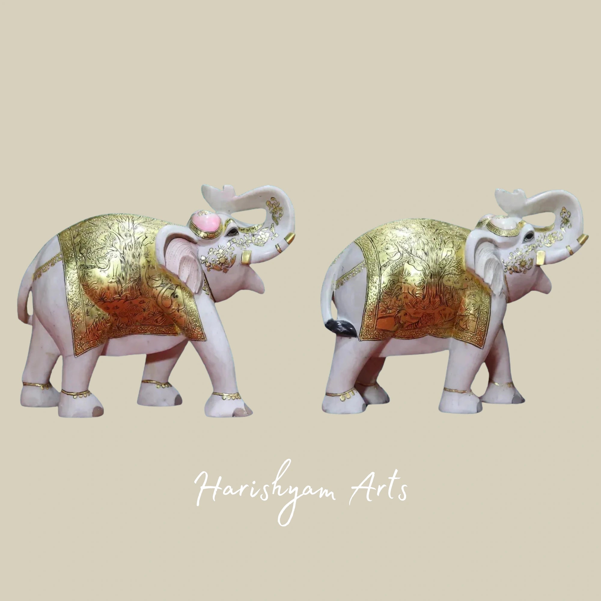 21" Premium White Makrana Marble Elephant Pair Handcrafted Sculptures