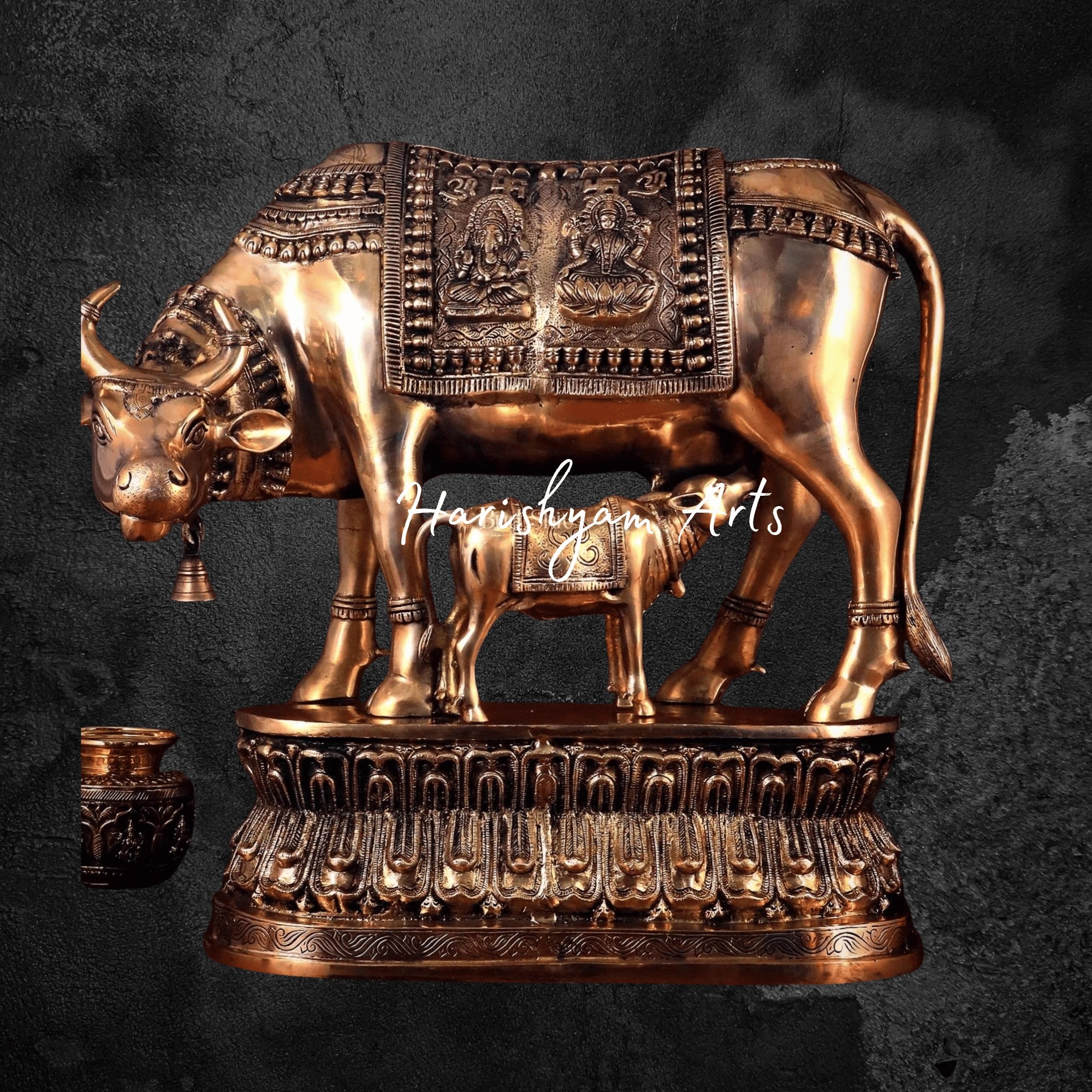 21" Royal Rajasthani Painted Kamdhenu Cow with Calf in Brass Finish