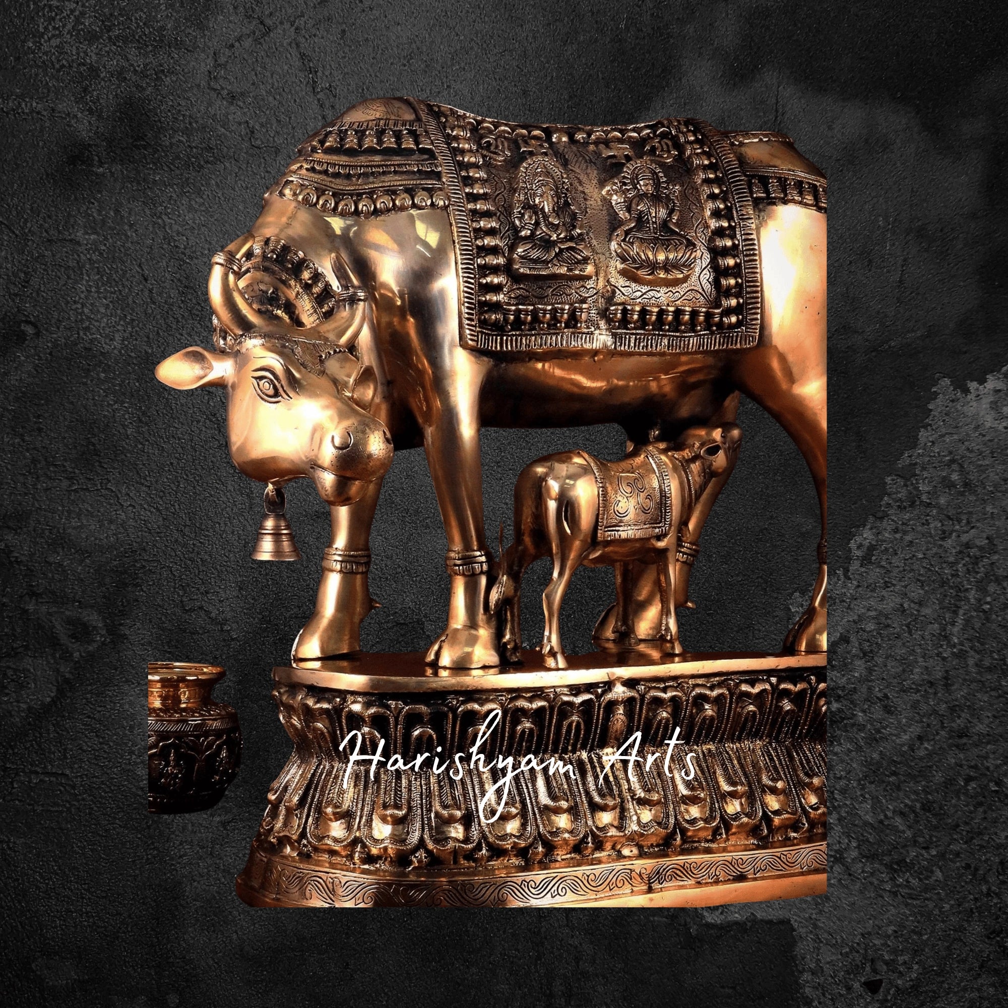 21" Royal Rajasthani Painted Kamdhenu Cow with Calf in Brass Finish