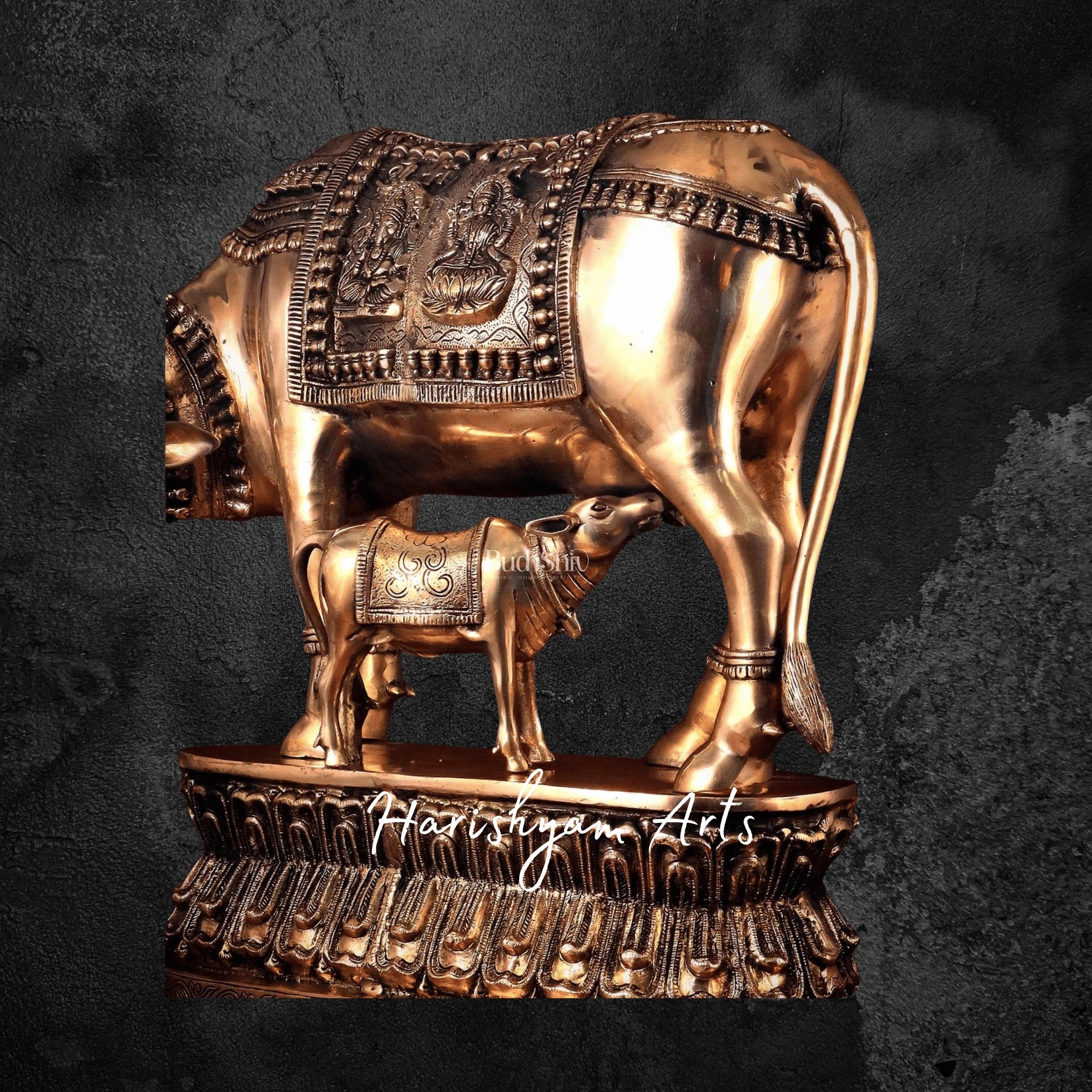 21" Royal Rajasthani Painted Kamdhenu Cow with Calf in Brass Finish