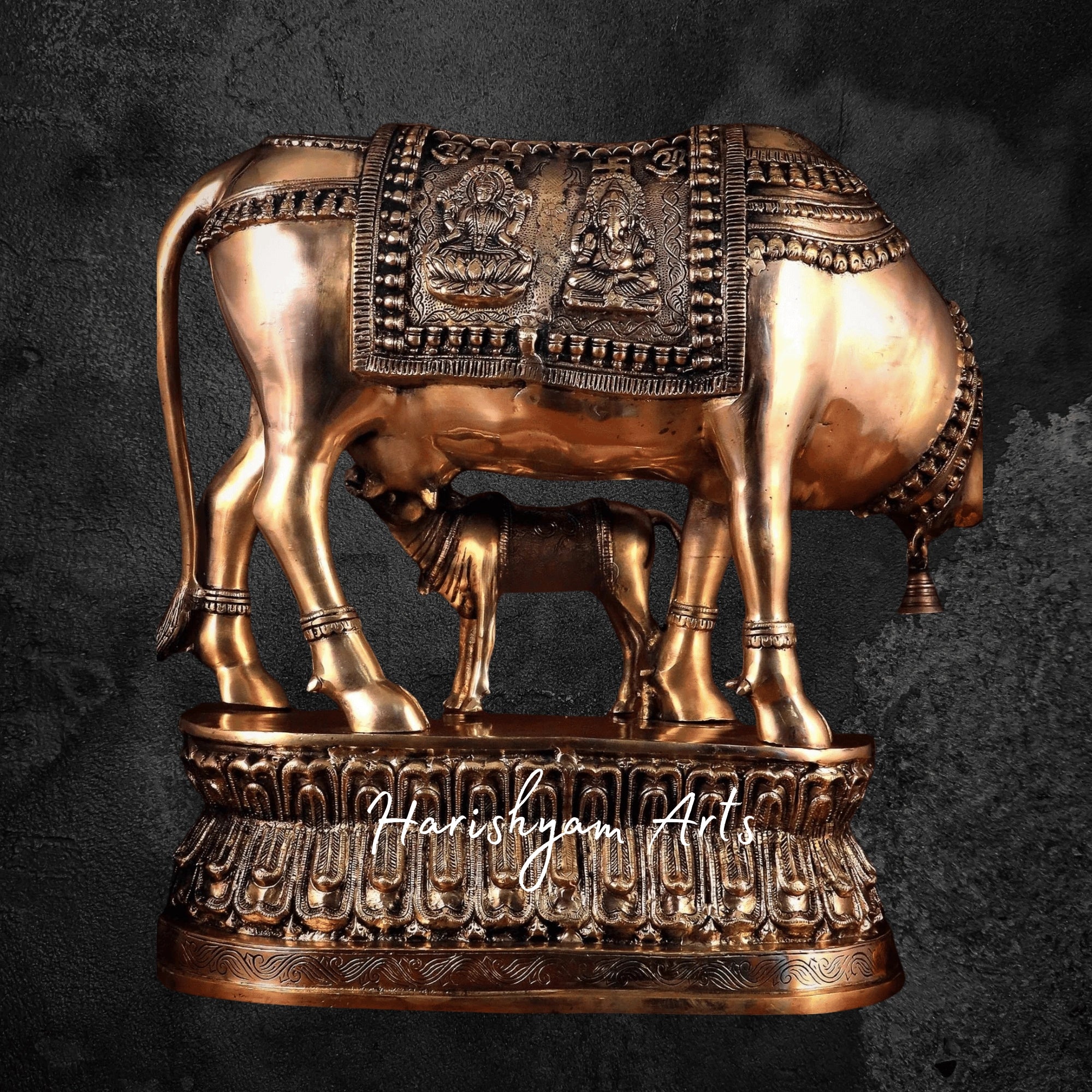 21" Royal Rajasthani Painted Kamdhenu Cow with Calf in Brass Finish
