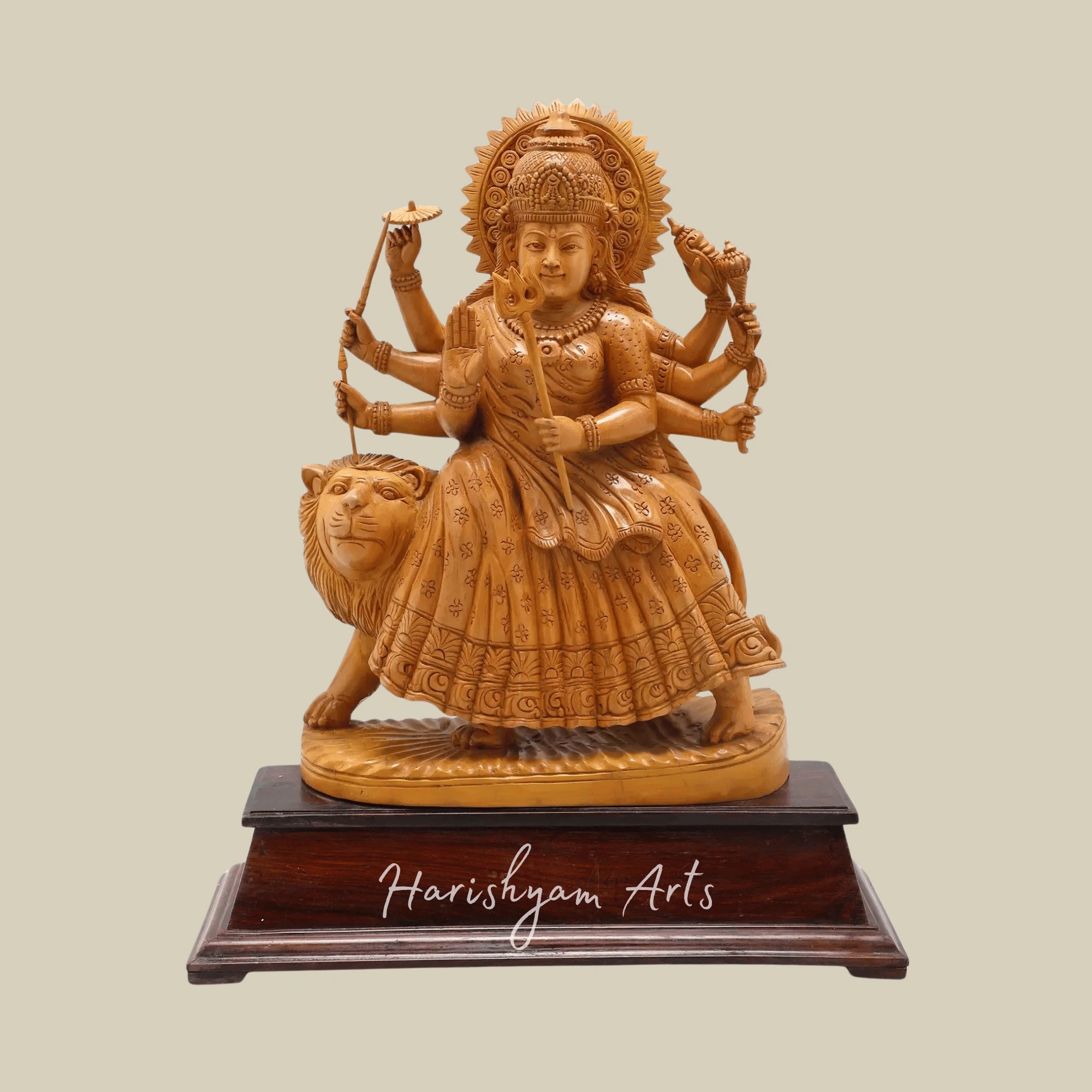 22" Goddess Durga in White Cedar Wood Traditional Wooden Maa Durga Statue from Kerala