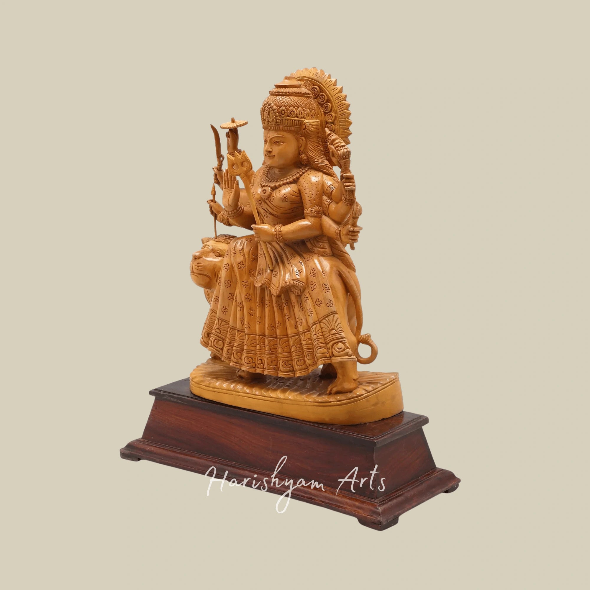22" Goddess Durga in White Cedar Wood Traditional Wooden Maa Durga Statue from Kerala