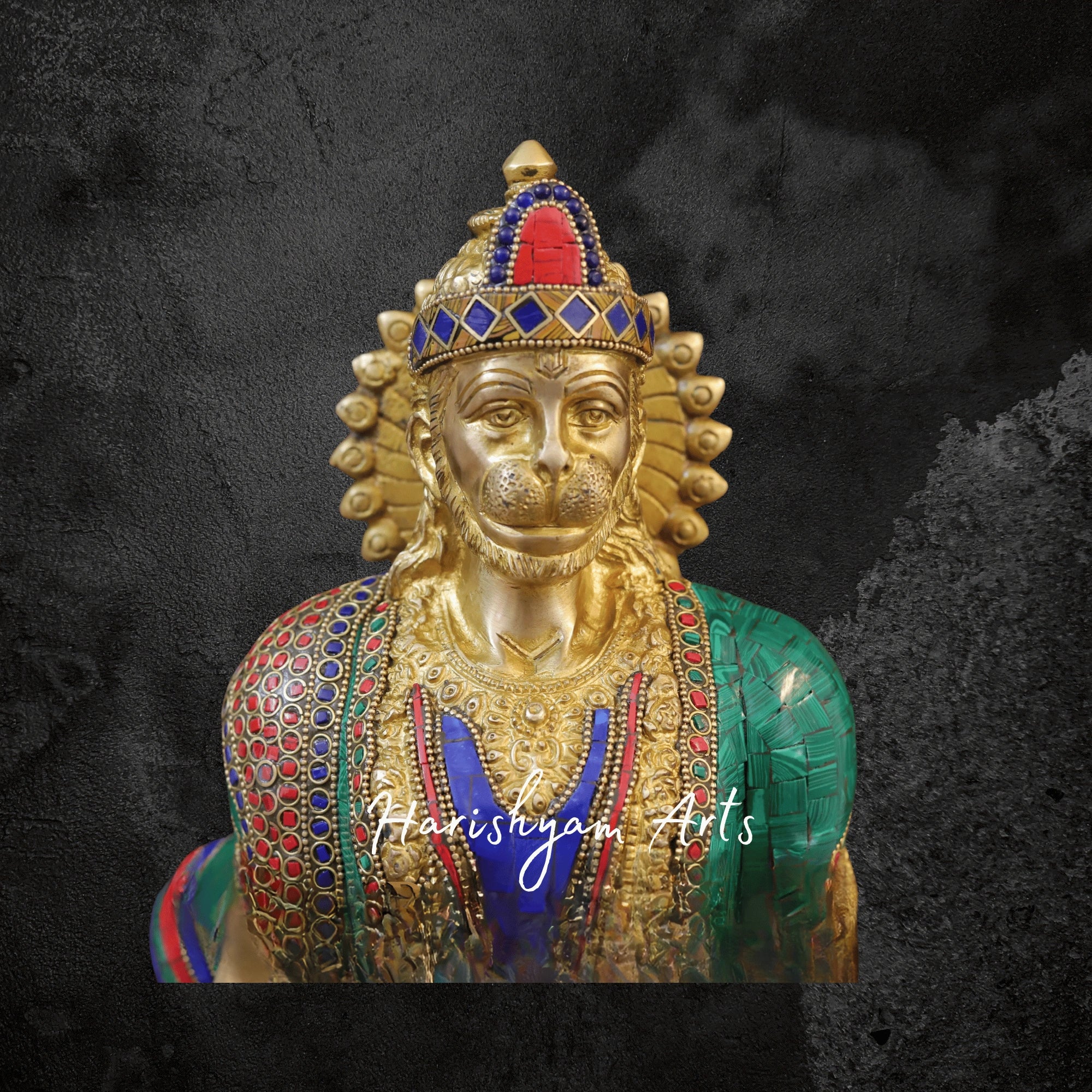 23" Brass Lord Hanuman Murti Standing with Golden and Stone Finish for Pooja
