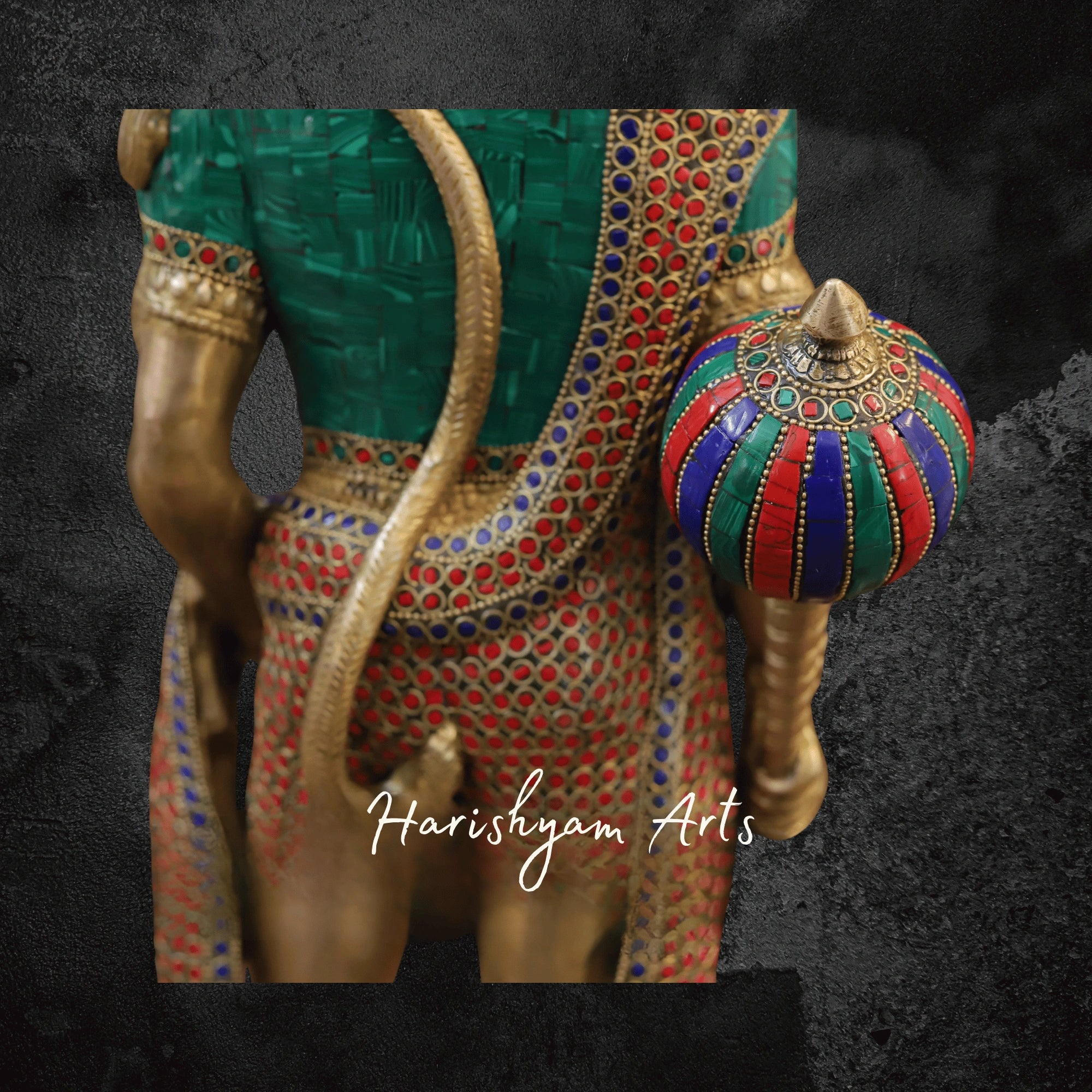 23" Brass Lord Hanuman Murti Standing with Golden and Stone Finish for Pooja