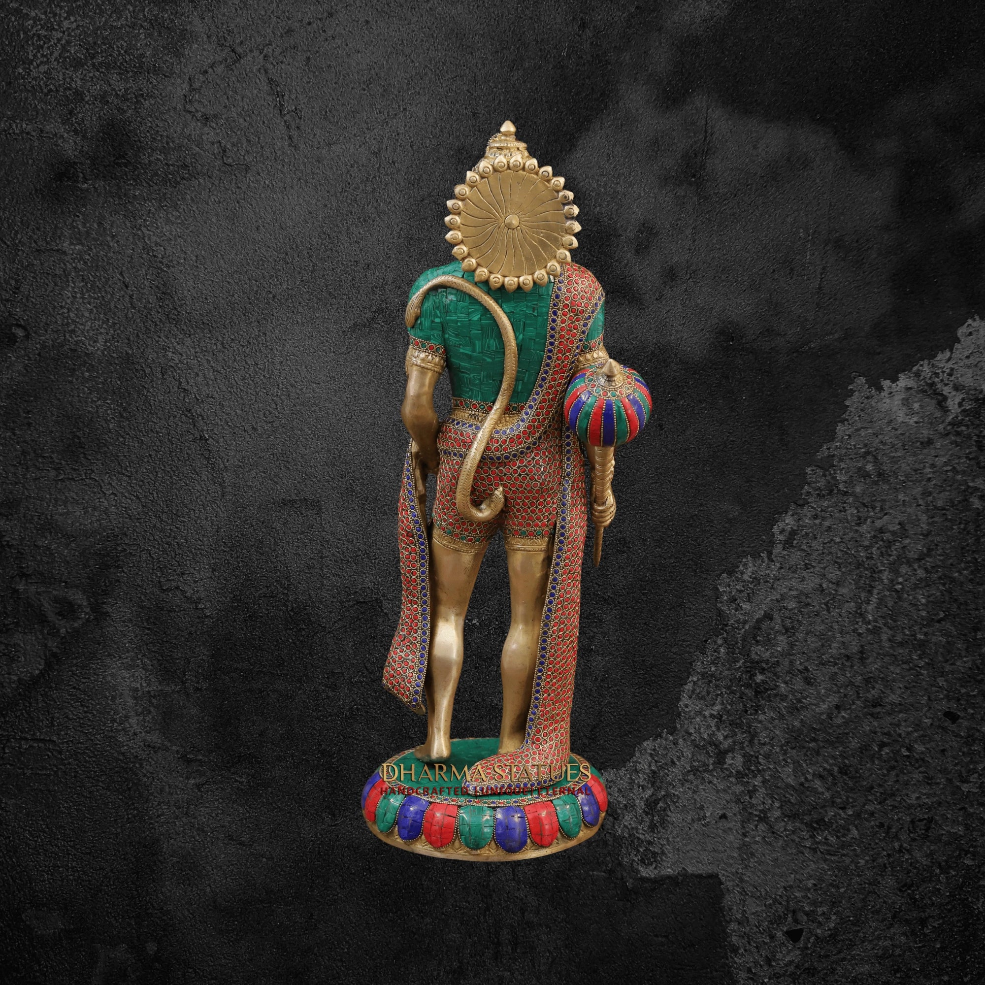 23" Brass Lord Hanuman Murti Standing with Golden and Stone Finish for Pooja