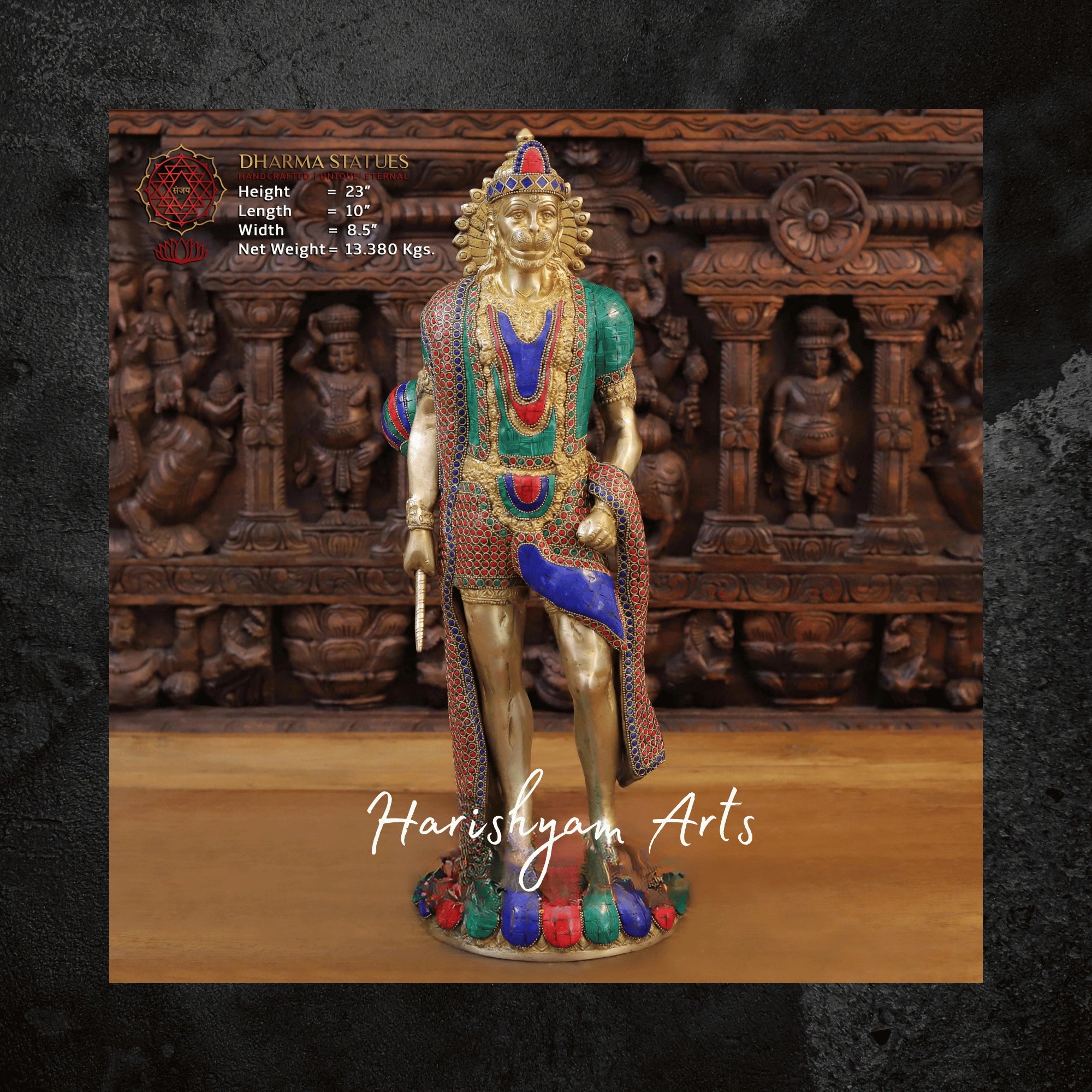 23" Brass Lord Hanuman Murti Standing with Golden and Stone Finish for Pooja