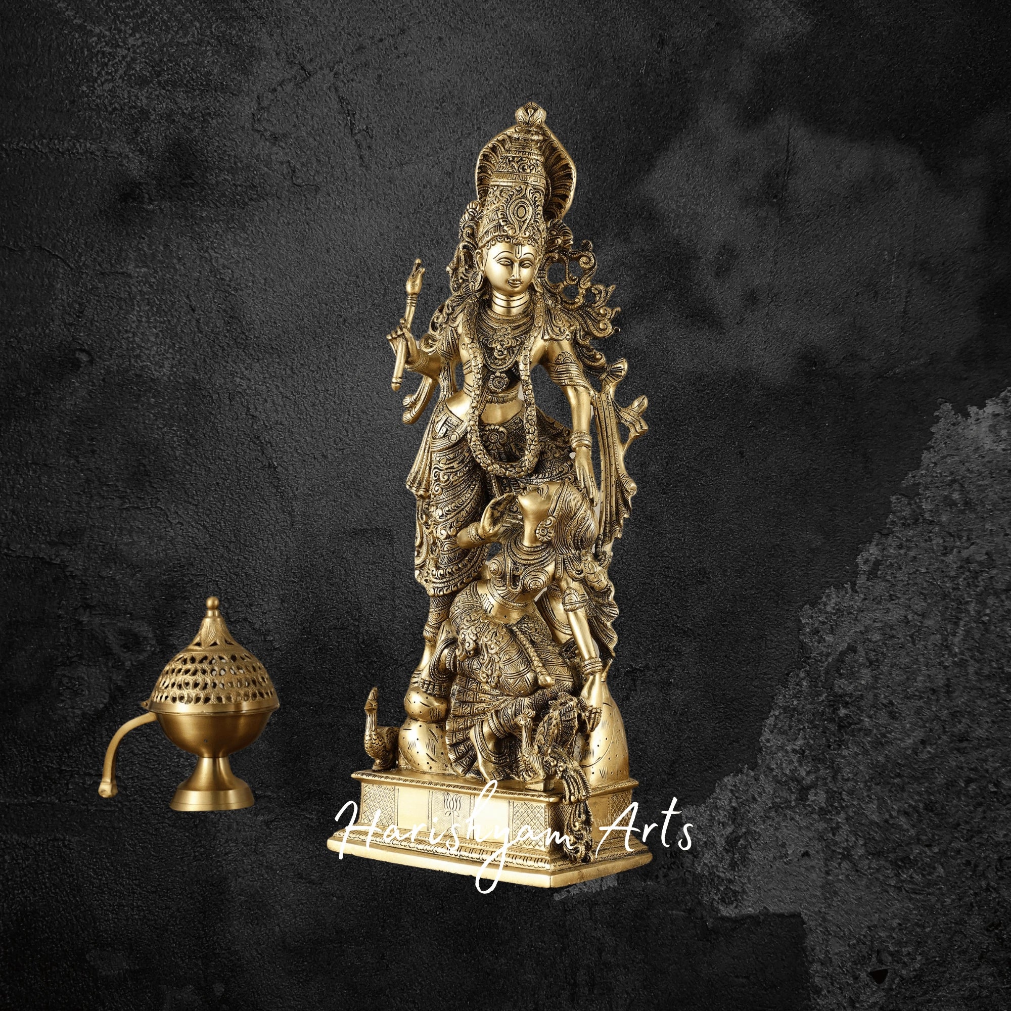 23" Brass Radha Krishna Sculpture with Intricate Hand Carvings