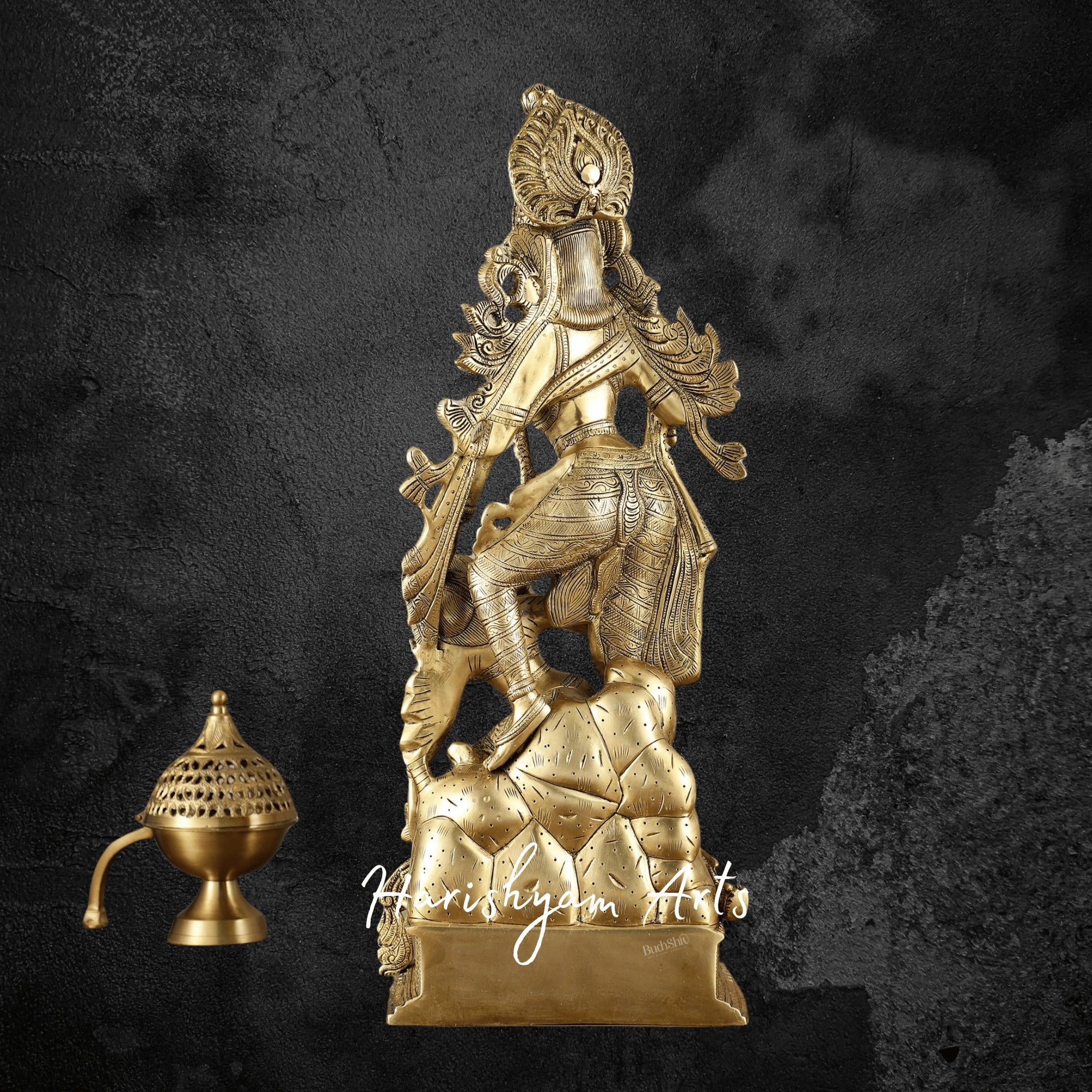 23" Brass Radha Krishna Sculpture with Intricate Hand Carvings