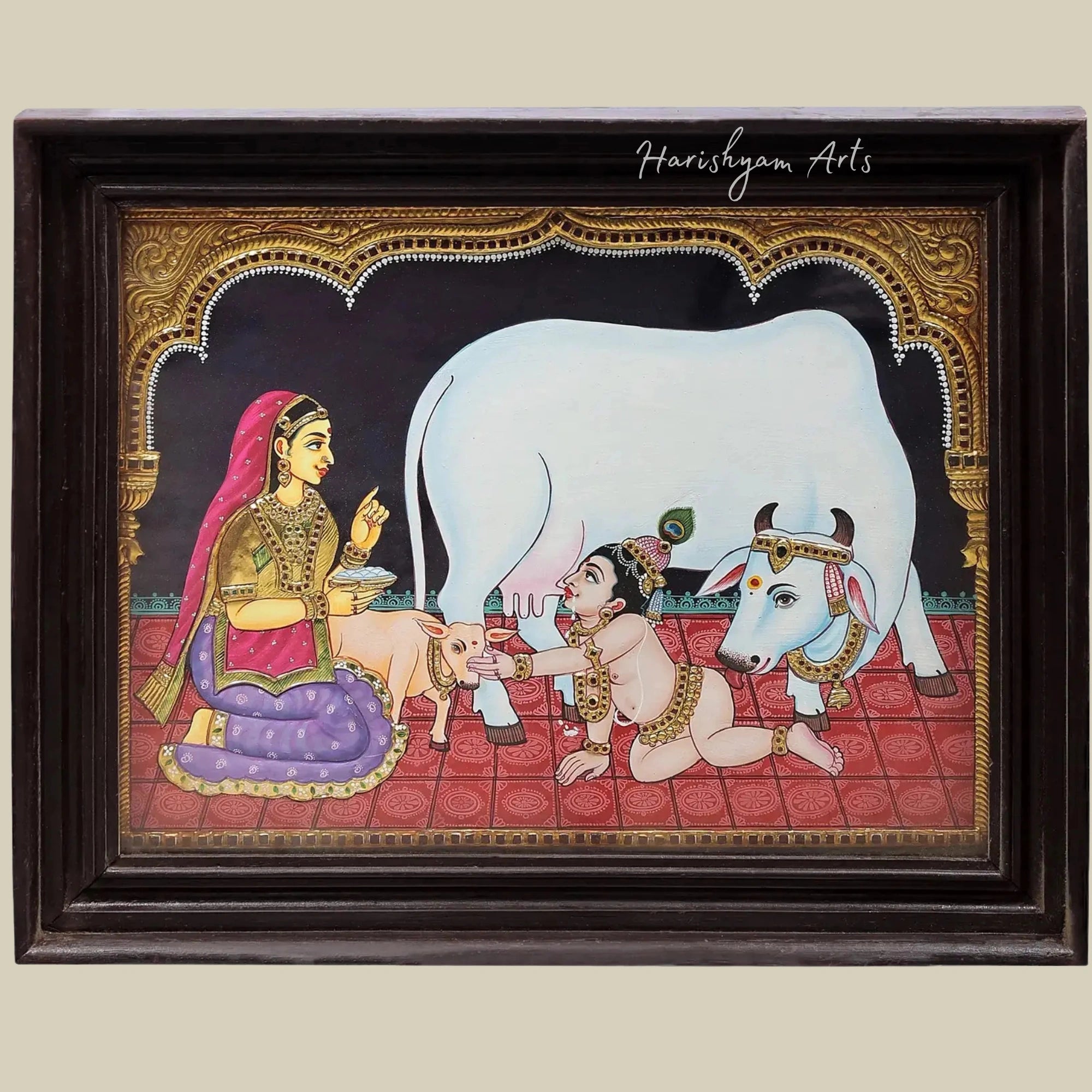 23" Butter Krishna and Yashoda with Cow Tanjore Painting
