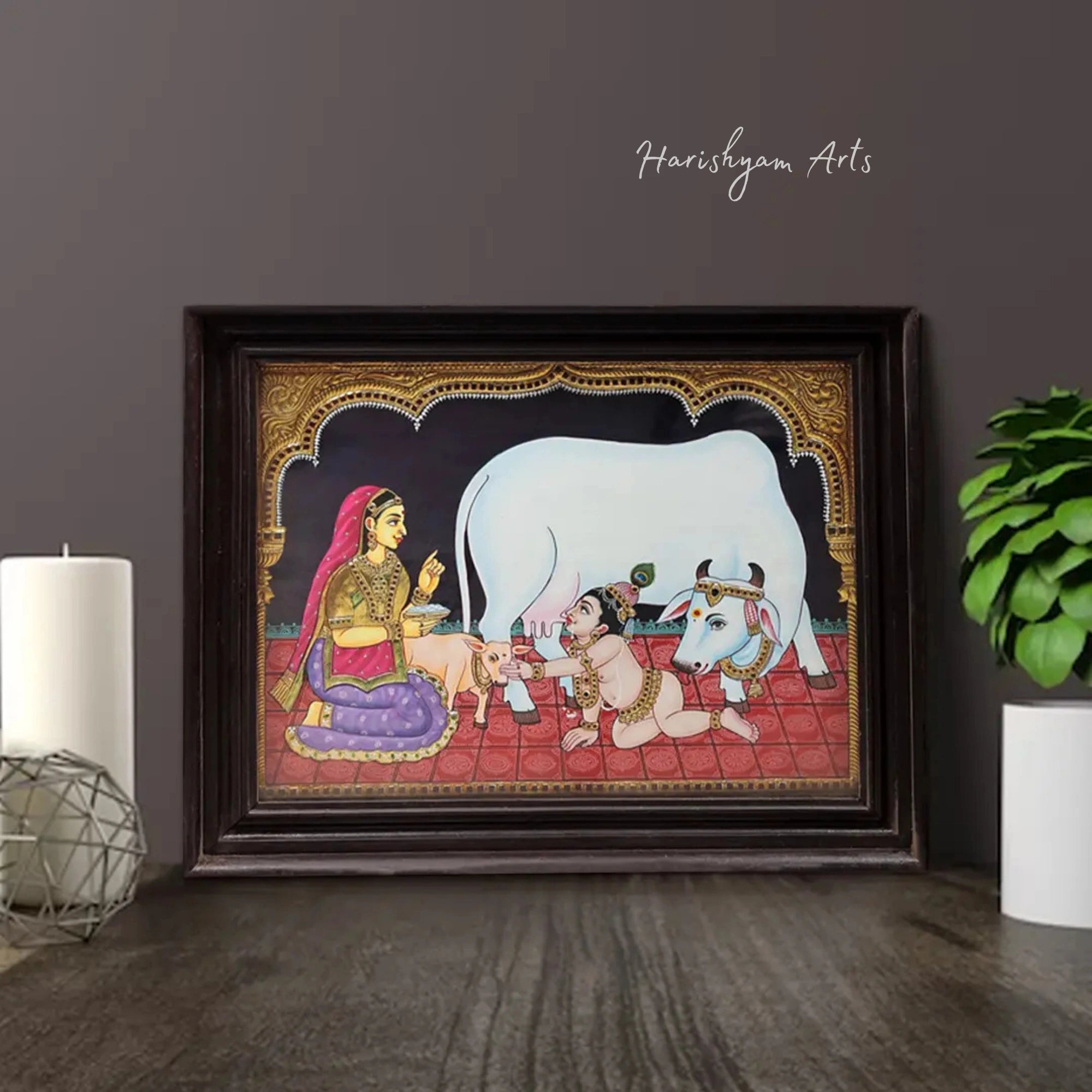23" Butter Krishna and Yashoda with Cow Tanjore Painting