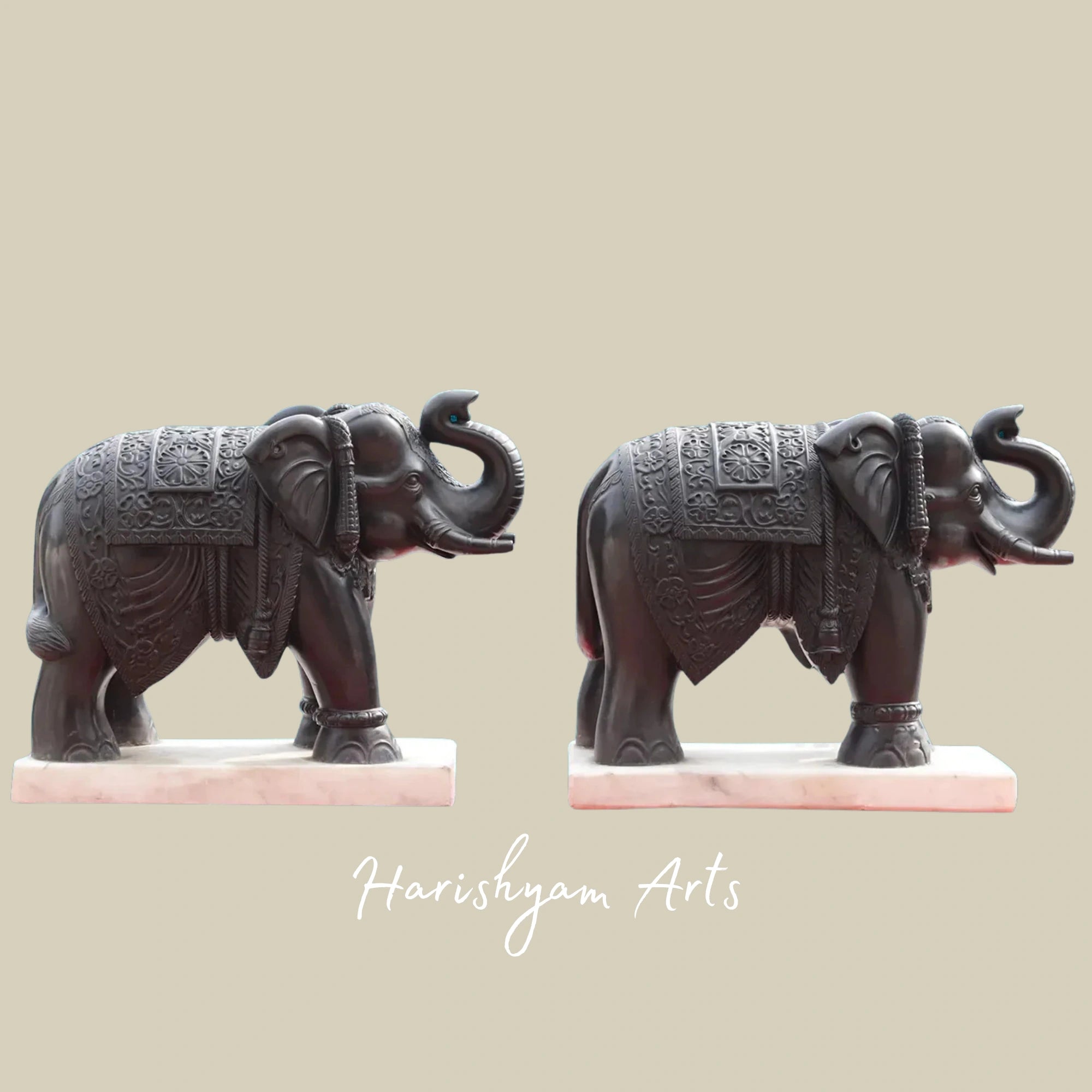 24" Artisan Crafted Black Marble Elephant Duo from Rajasthan