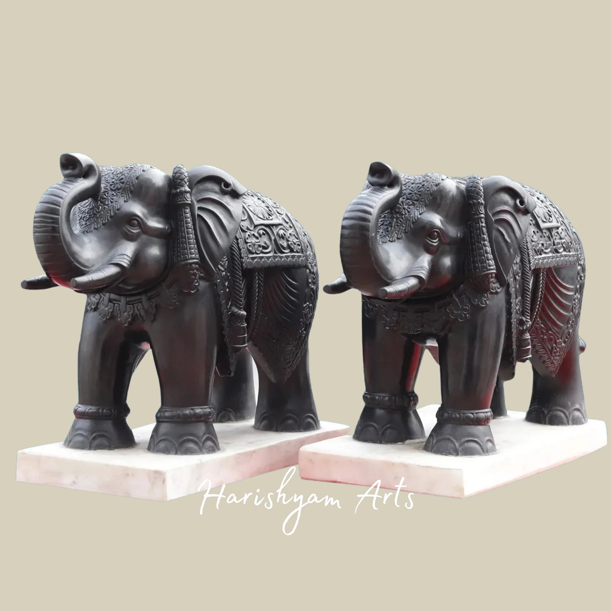 24" Artisan Crafted Black Marble Elephant Duo from Rajasthan