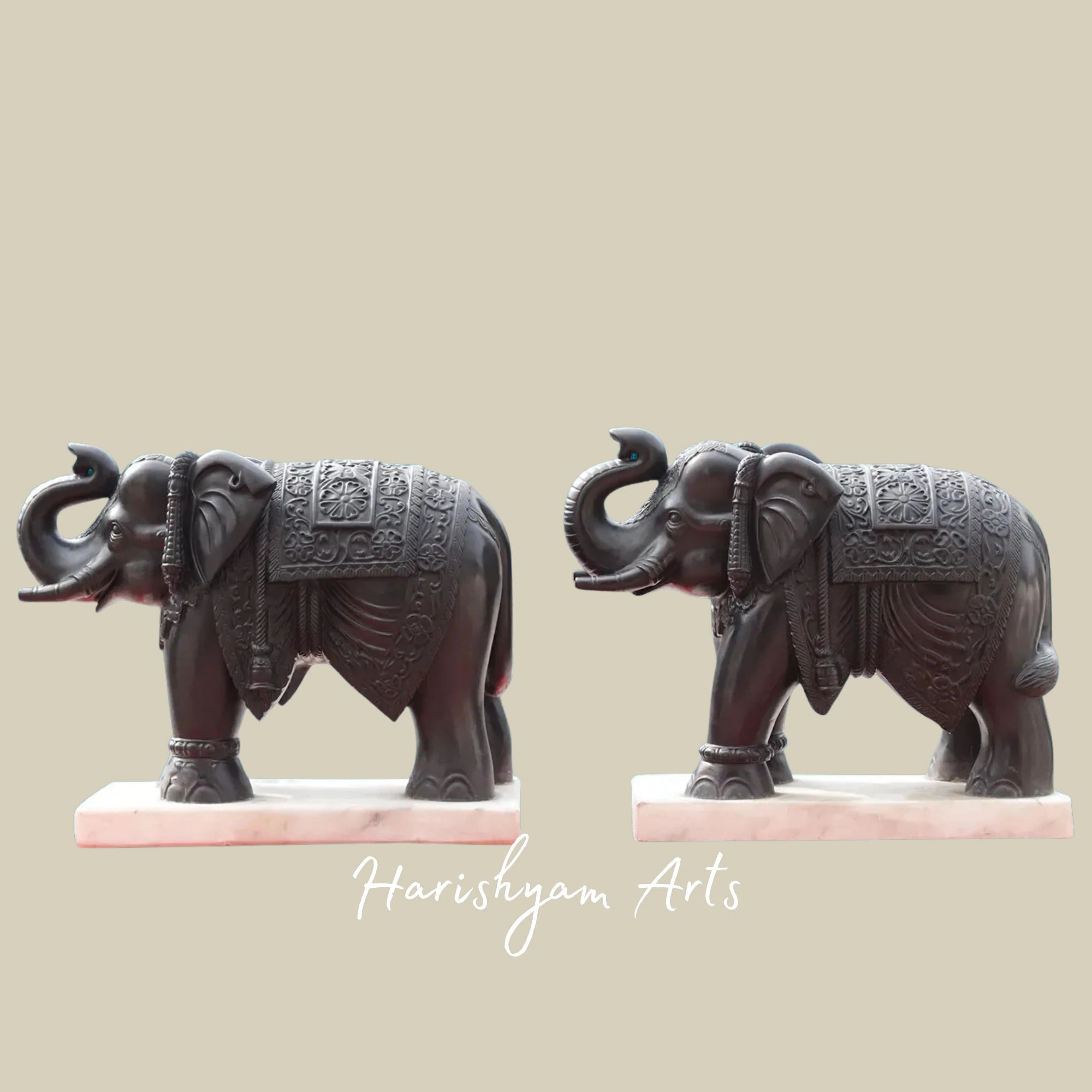 24" Artisan Crafted Black Marble Elephant Duo from Rajasthan