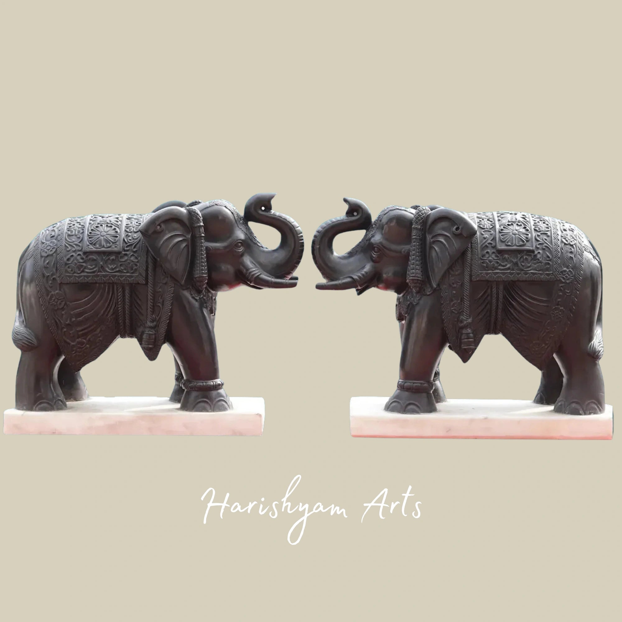 24" Artisan Crafted Black Marble Elephant Duo from Rajasthan